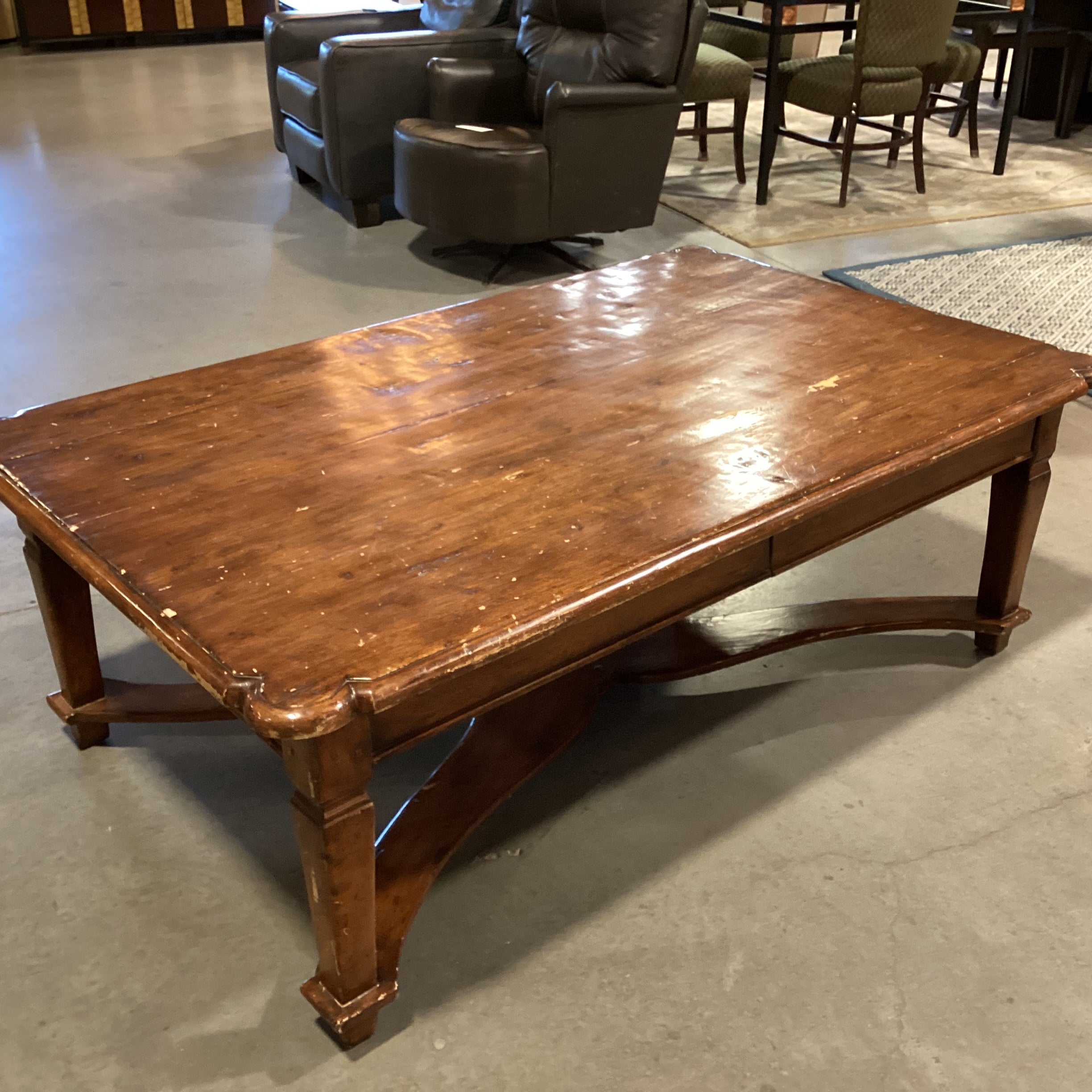 Distressed Finish Ornate Carved Edge & Trestle 2 Drawer Coffee Table 60"x 38"x 22"