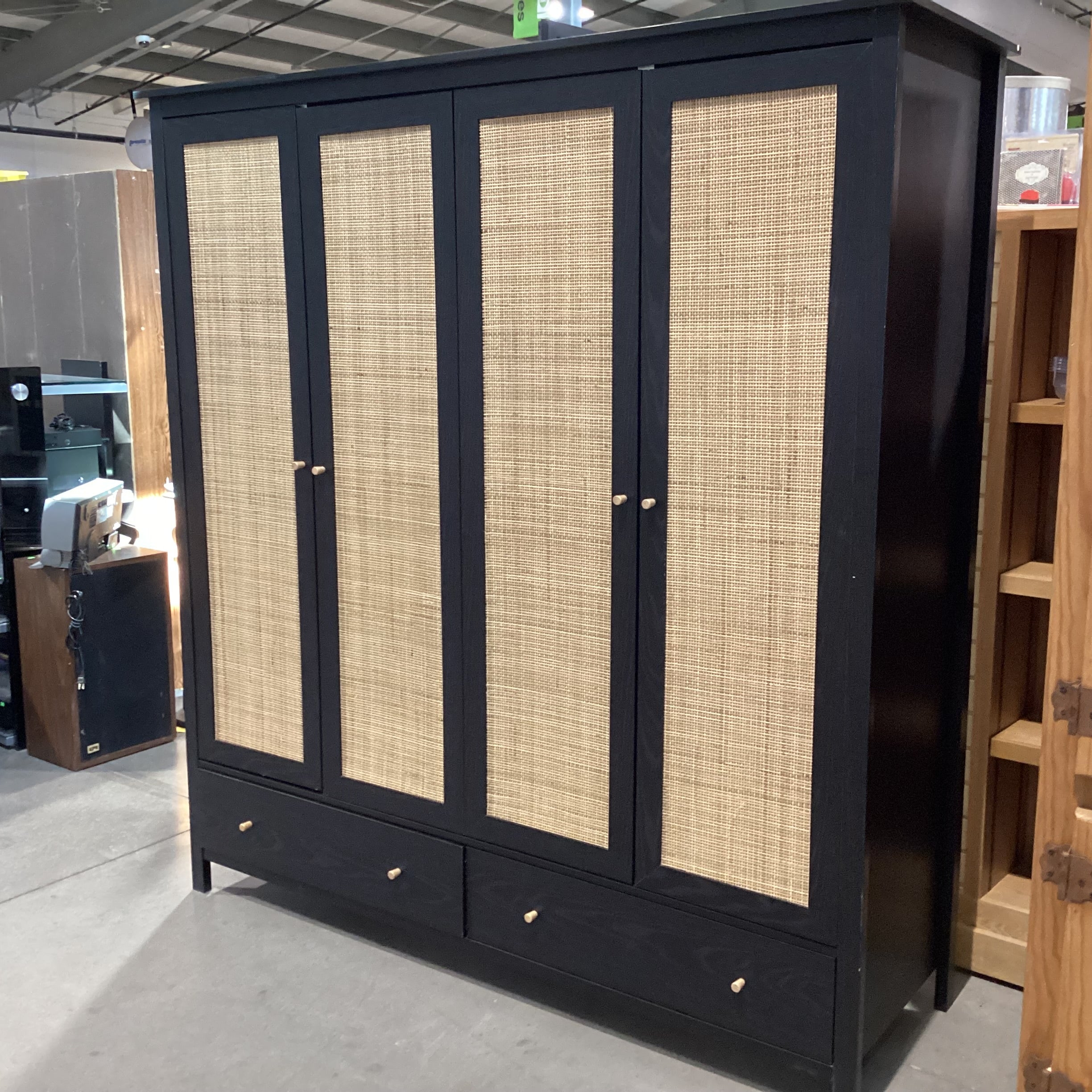 Ebony Finished Wood Style Laminate Veneer Rattan Woven 4 Door 2 Drawer Wardrobe Armoire 68"x 22"x 72.5"