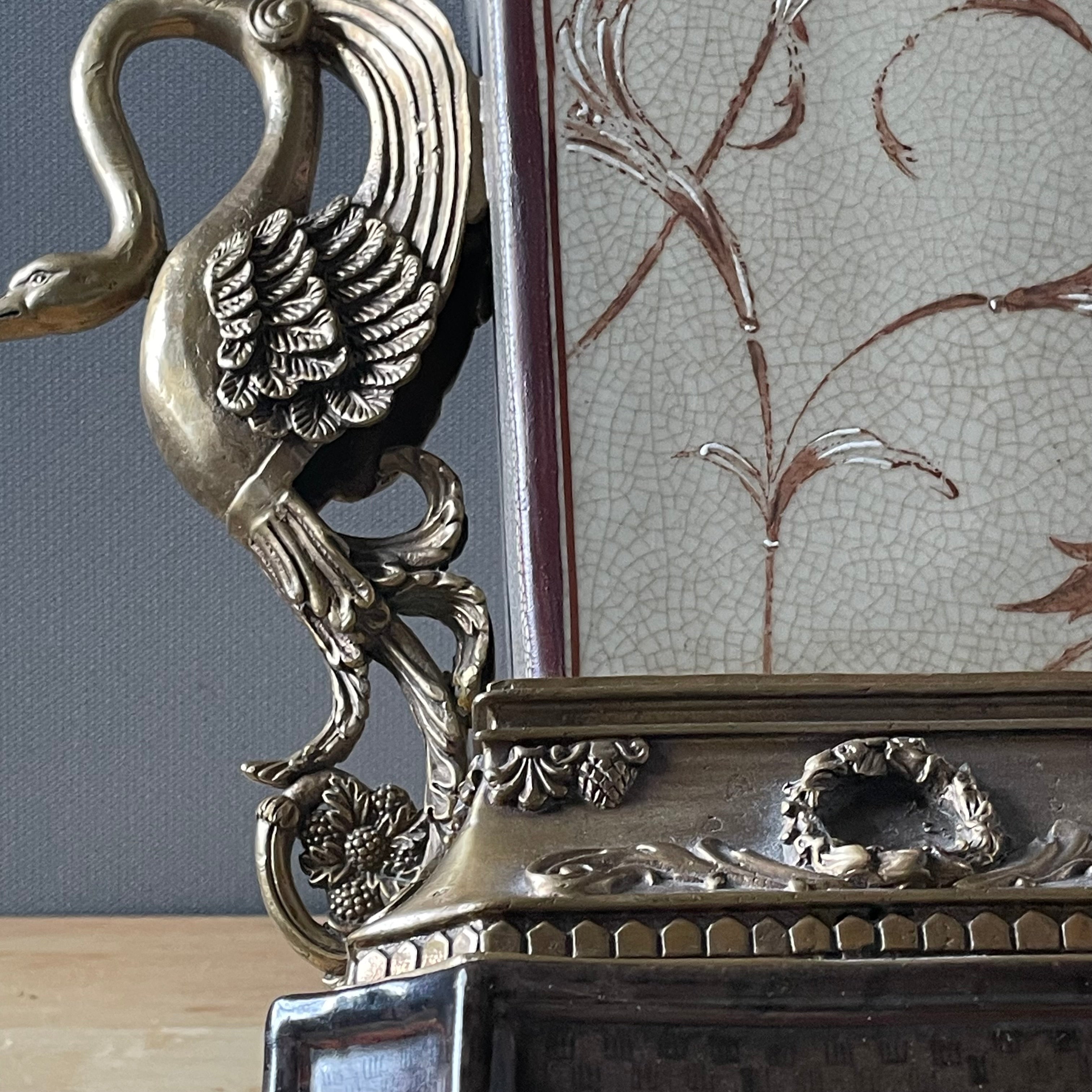 Castilian Imports Enamel Decorated Crackle Glazed Porcelain with Brass Swans on Footed Vase/Plinth, 12"x 9.5"x 17"