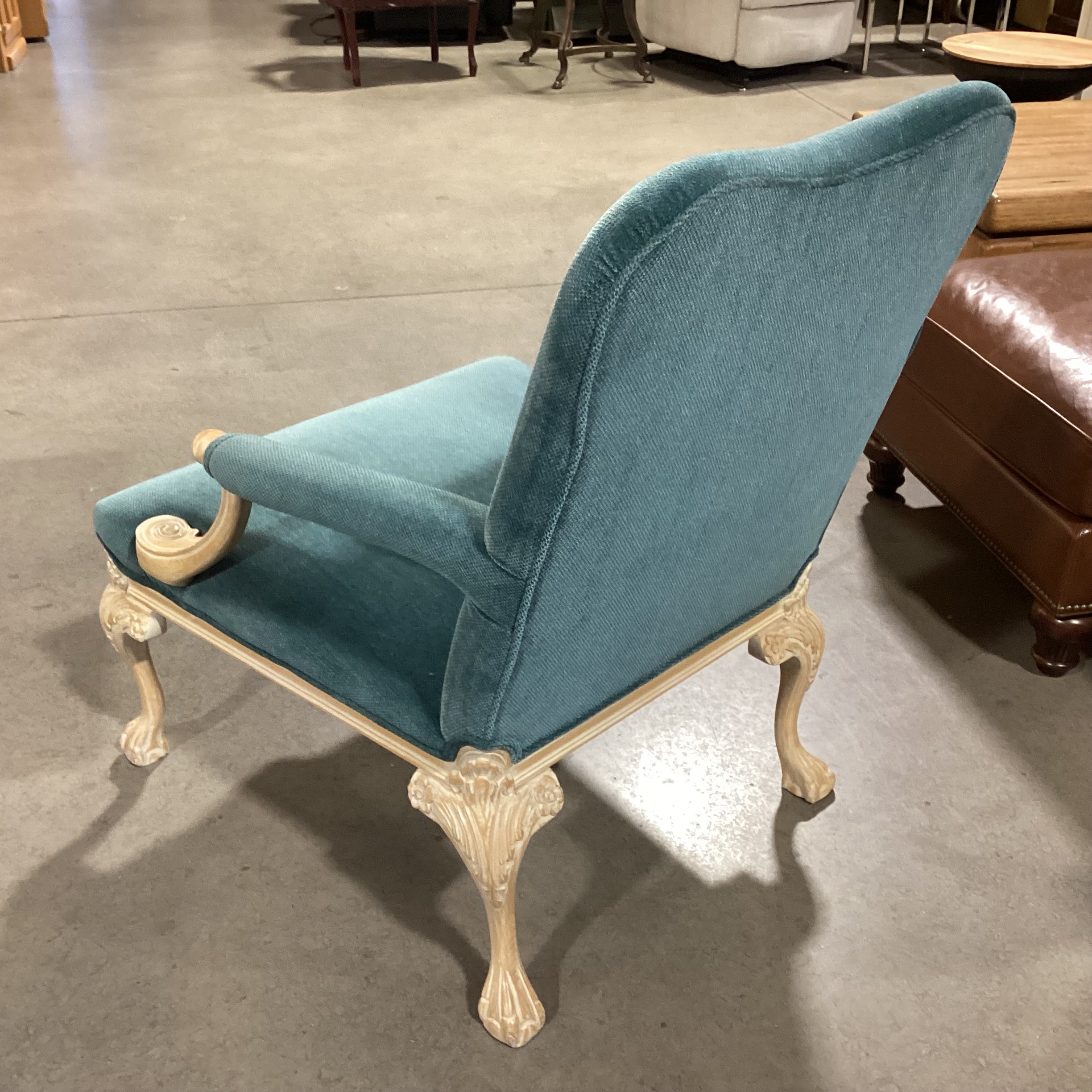 Teal Upholstered White Washed Carved Wood Chair 28"x 30"x 38"