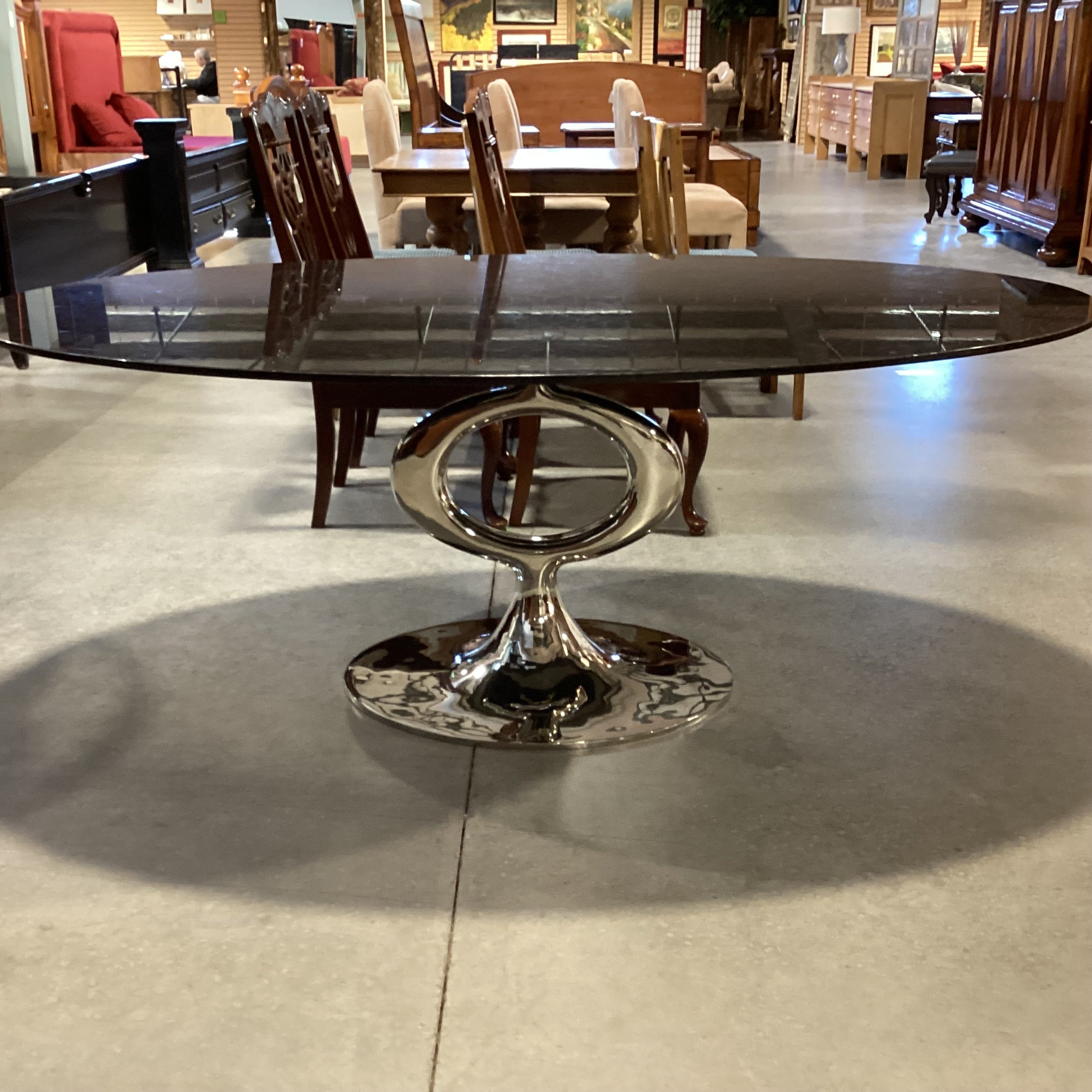 Blackman Cruz Oval Black Granite & Nickel Plate Pedestal Dining Table 78"x 48"x 30"