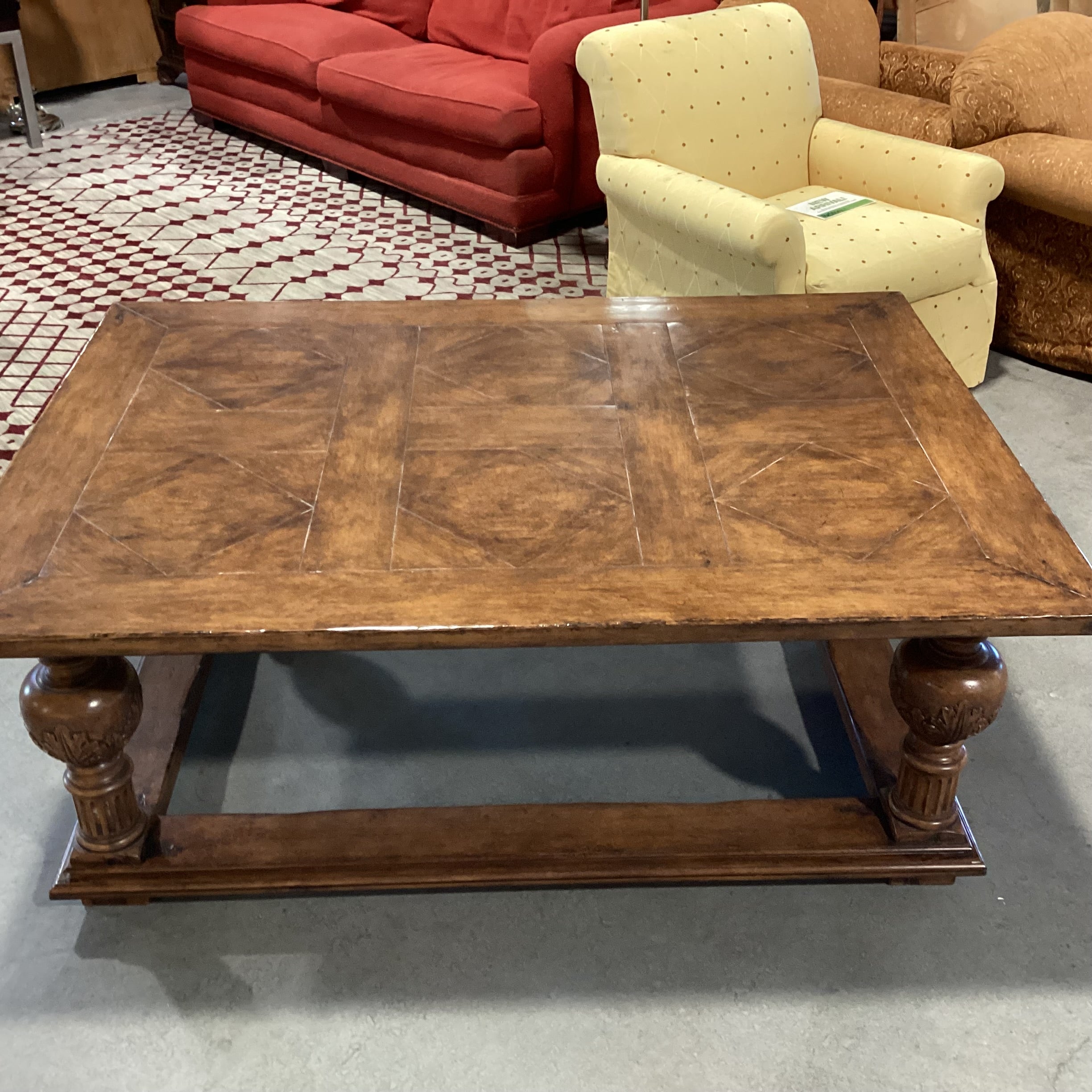 Solid Distressed Finish Wood with Ornate Carved Legs & Top Diamond Detail Coffee Table 63"x 45"x 24"