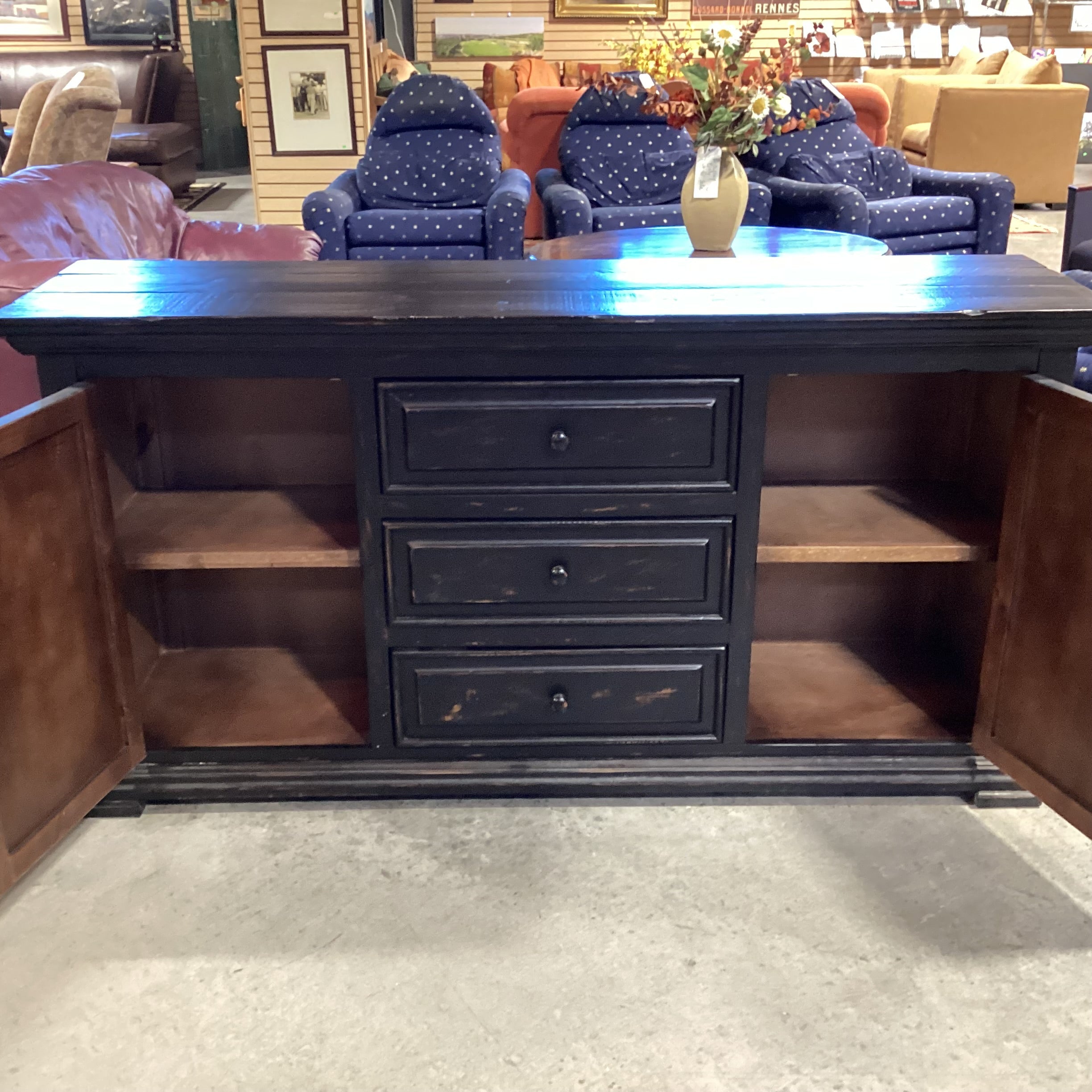Black Distressed Wood 2 Door 3 Drawer Console Credenza 69"x 18.5"x 36"
