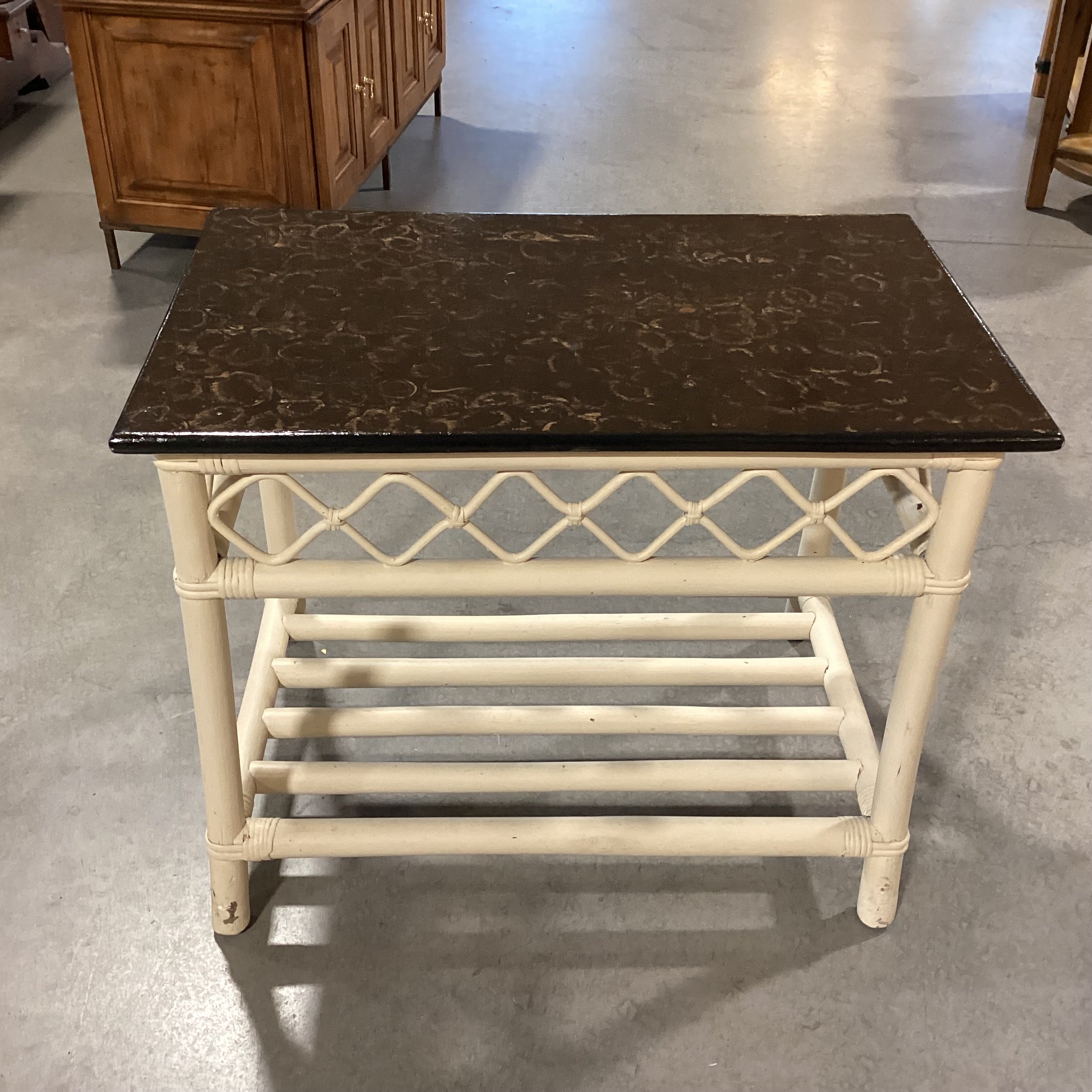 Cream Rattan & Finished Detailed Wood Top Accent Table 30"x 19"x 23.5"