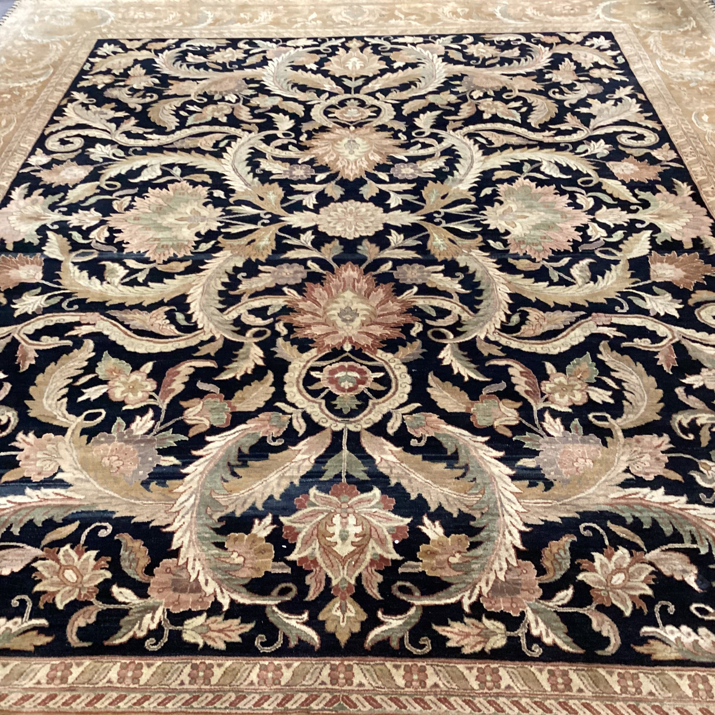 Gold & Black Floral with Border Had Woven Wool Rug 12'2"x 14'10"