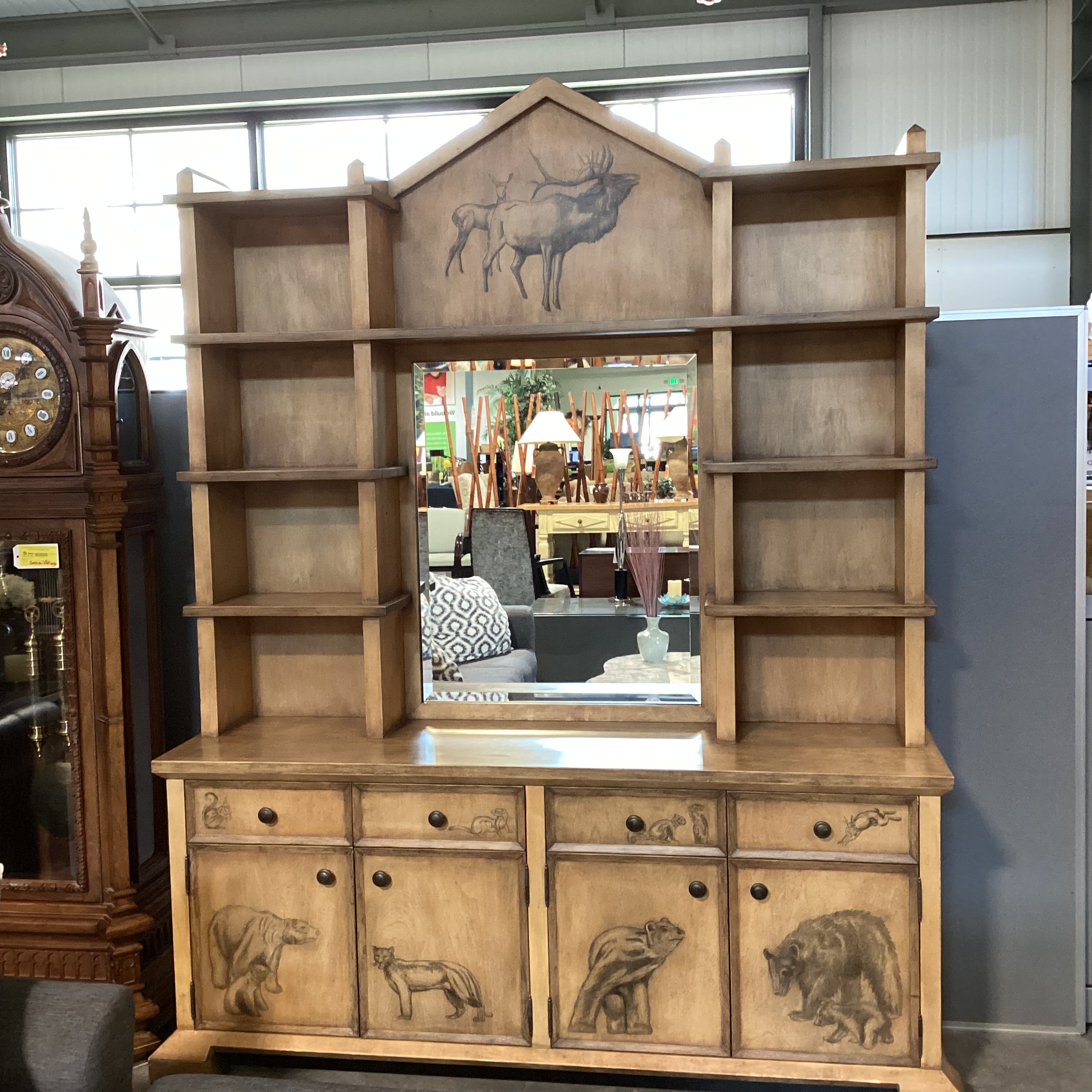 Custom Cabinetry Antiqued Wash with Forest Animals 2 Piece with Hutch Credenza 72"x 21"x 96"