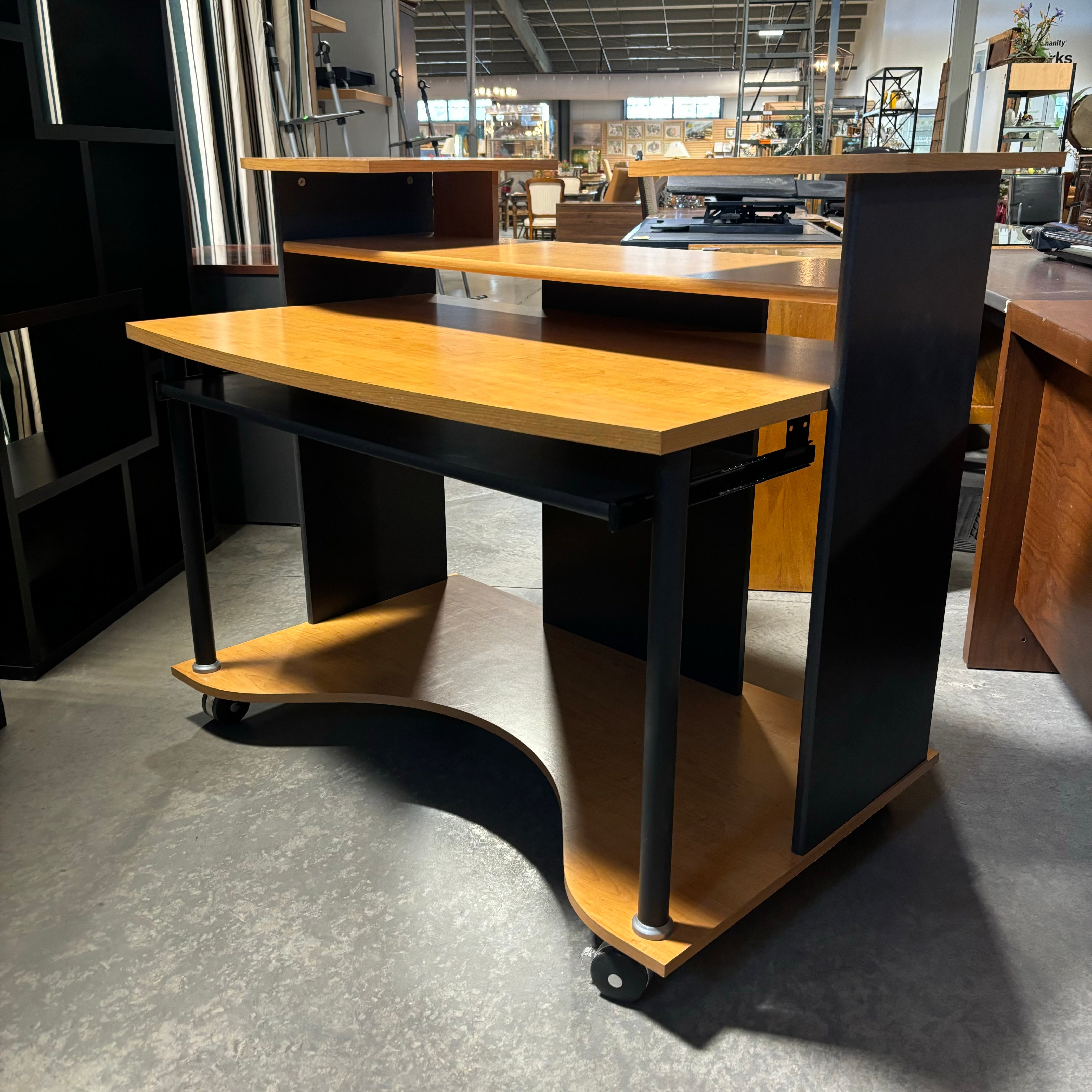 Light Wood Veneer Top with Black Metal & Wood Multi Surface On Casters Computer Desk 52"x 41"x 30.5"