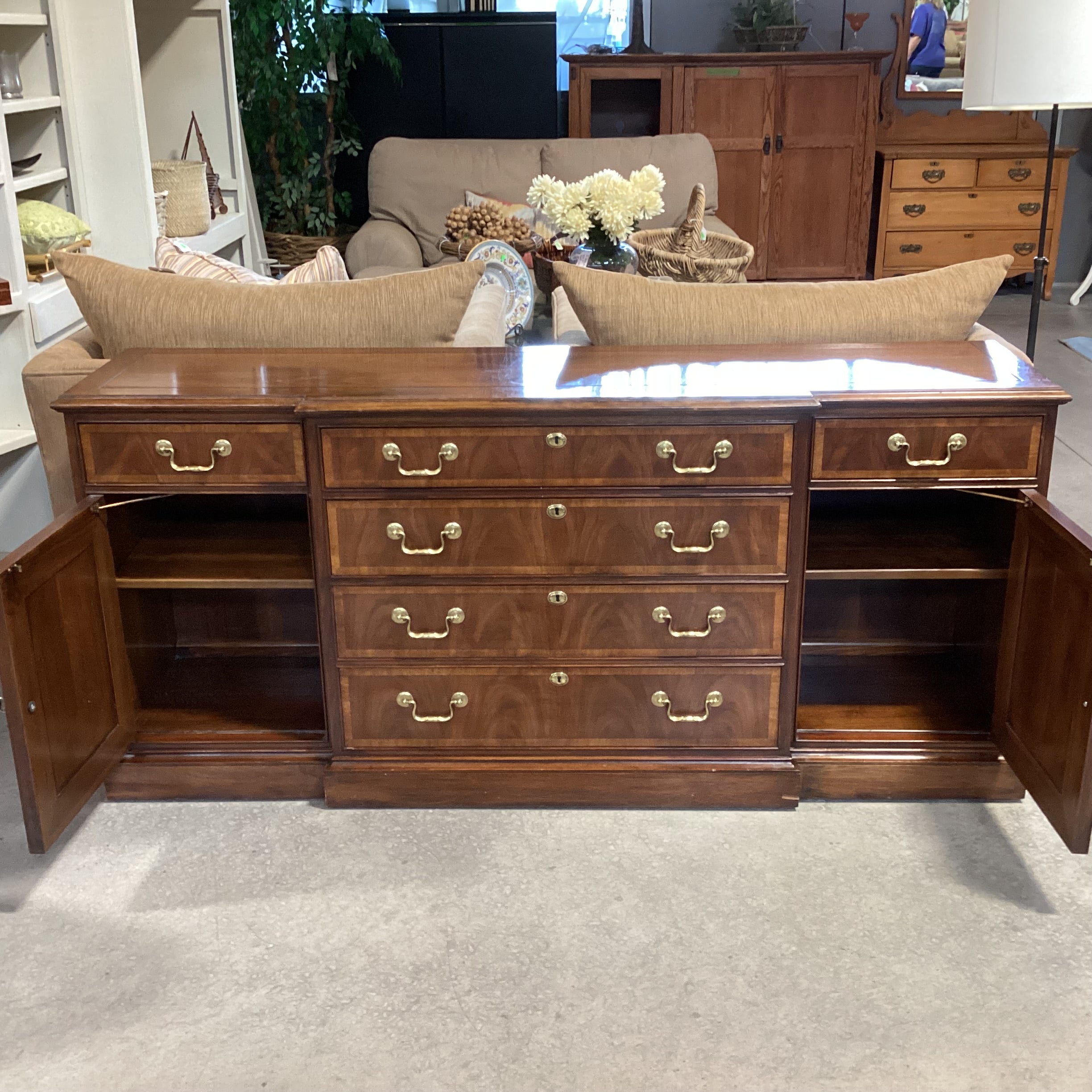 White Fine Furniture & Veneer with Finished Wood Brass Accents 6 Drawer 2 Door With Shelves Credenza 70.5"x 17.5"x 32.5"