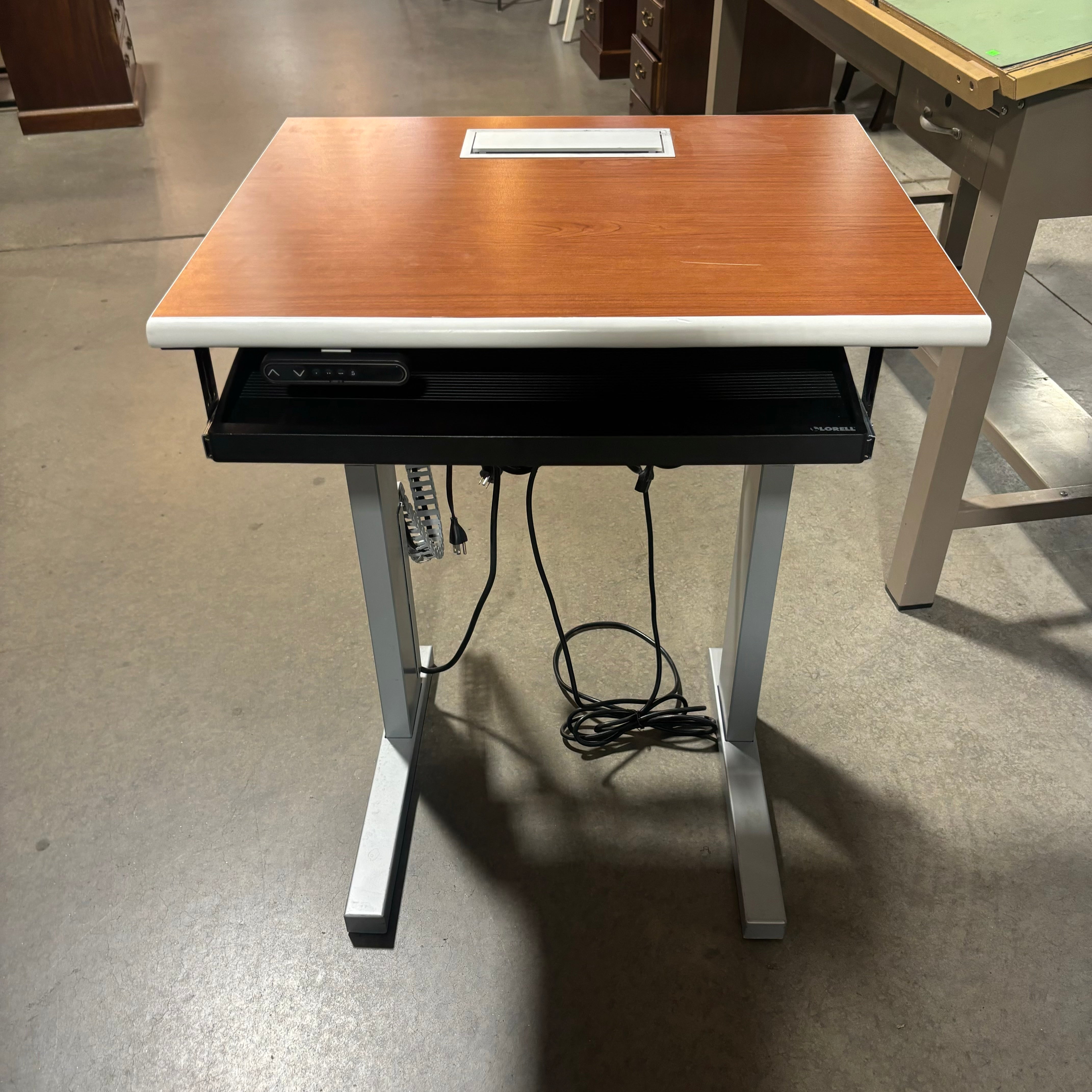 LINAK Dark Wood Veneer with Steel Base & Pullout Tray Adjustable Sit to Stand Desk 28"x 24"x 27" to 43"