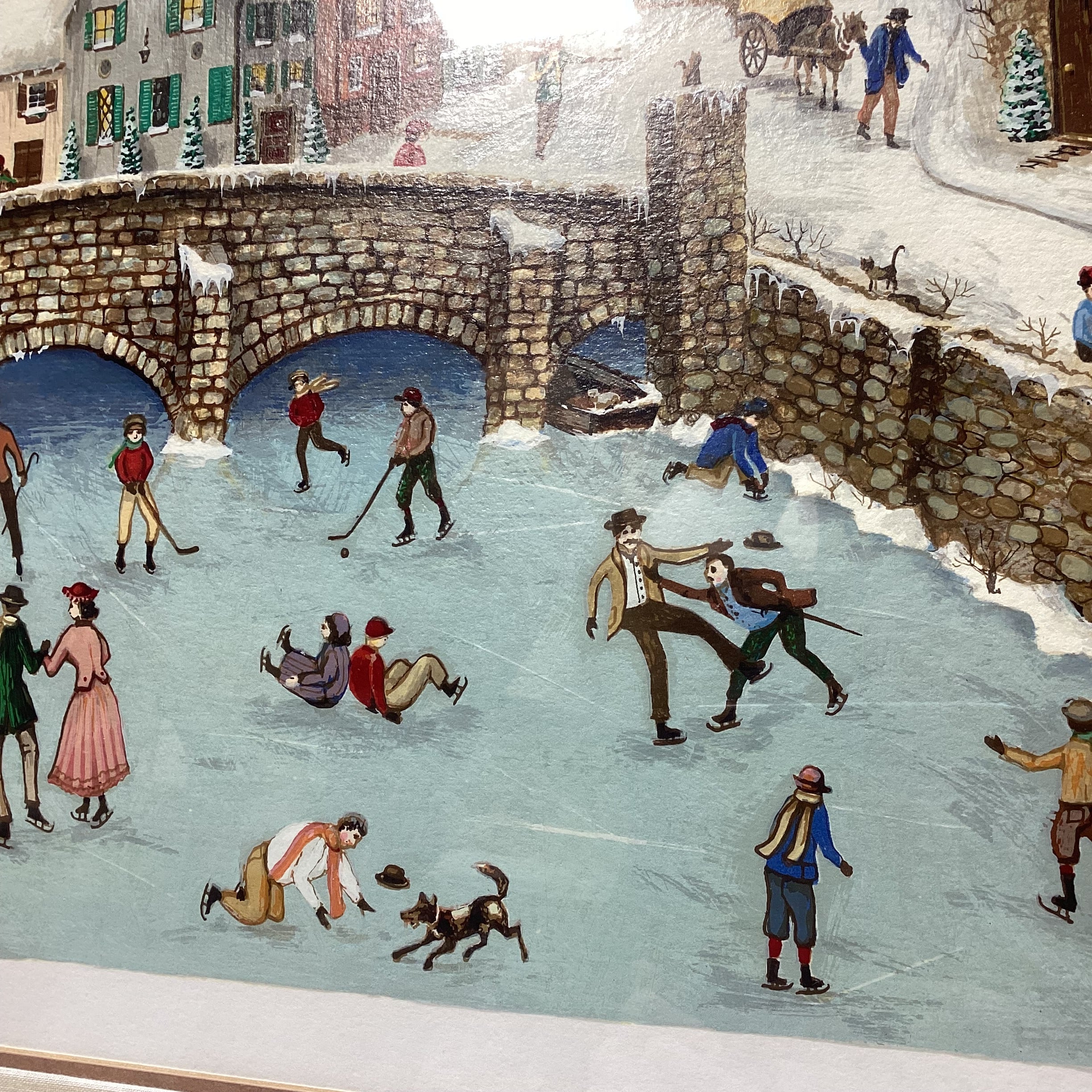 Vintage Catherine Eaton Signed Limited Edition "Winter Village Scene" Framed Serigraph Print 35" x 30"