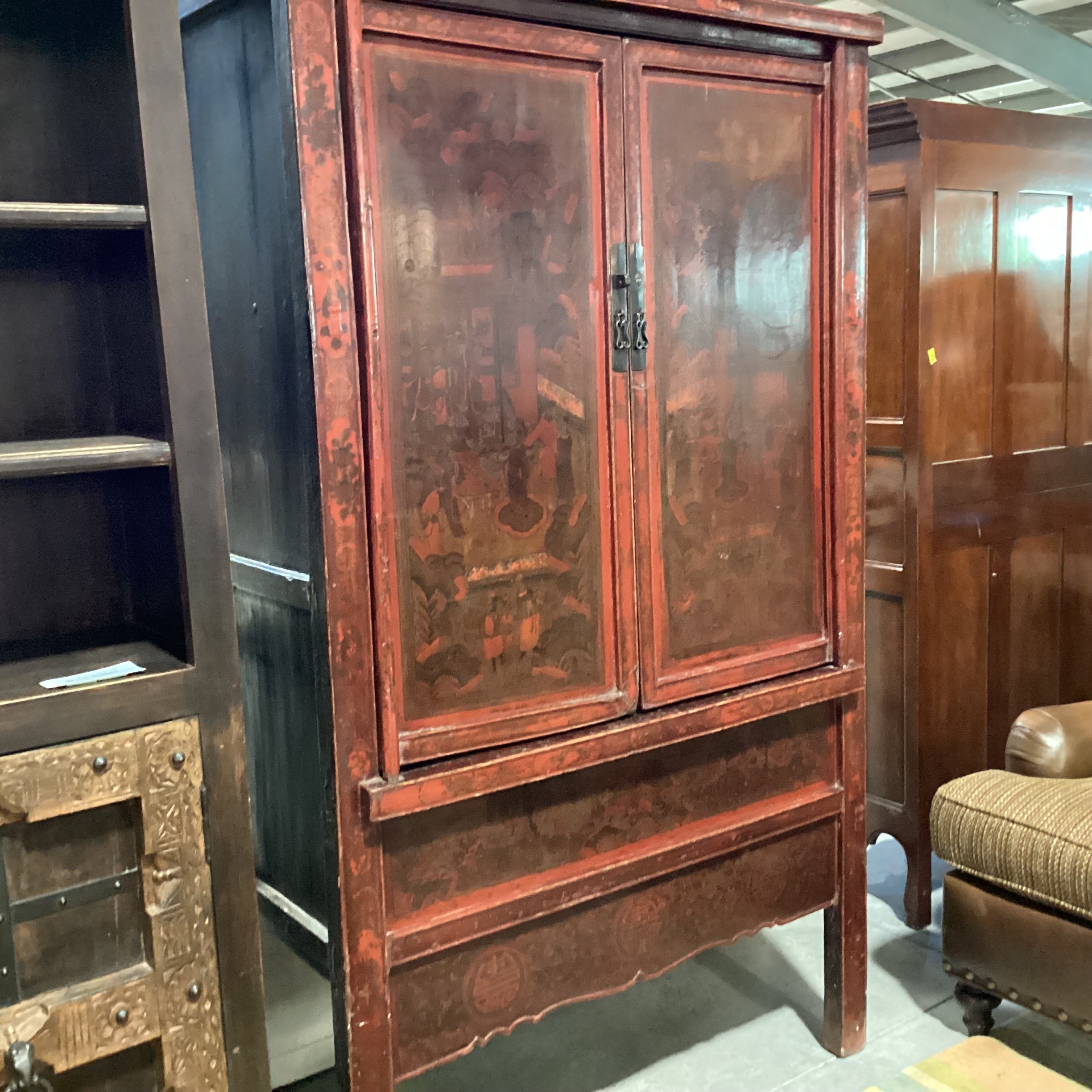 Antique Asian Red Lacquered 2 Door Armoire 45"x 23"x 77"