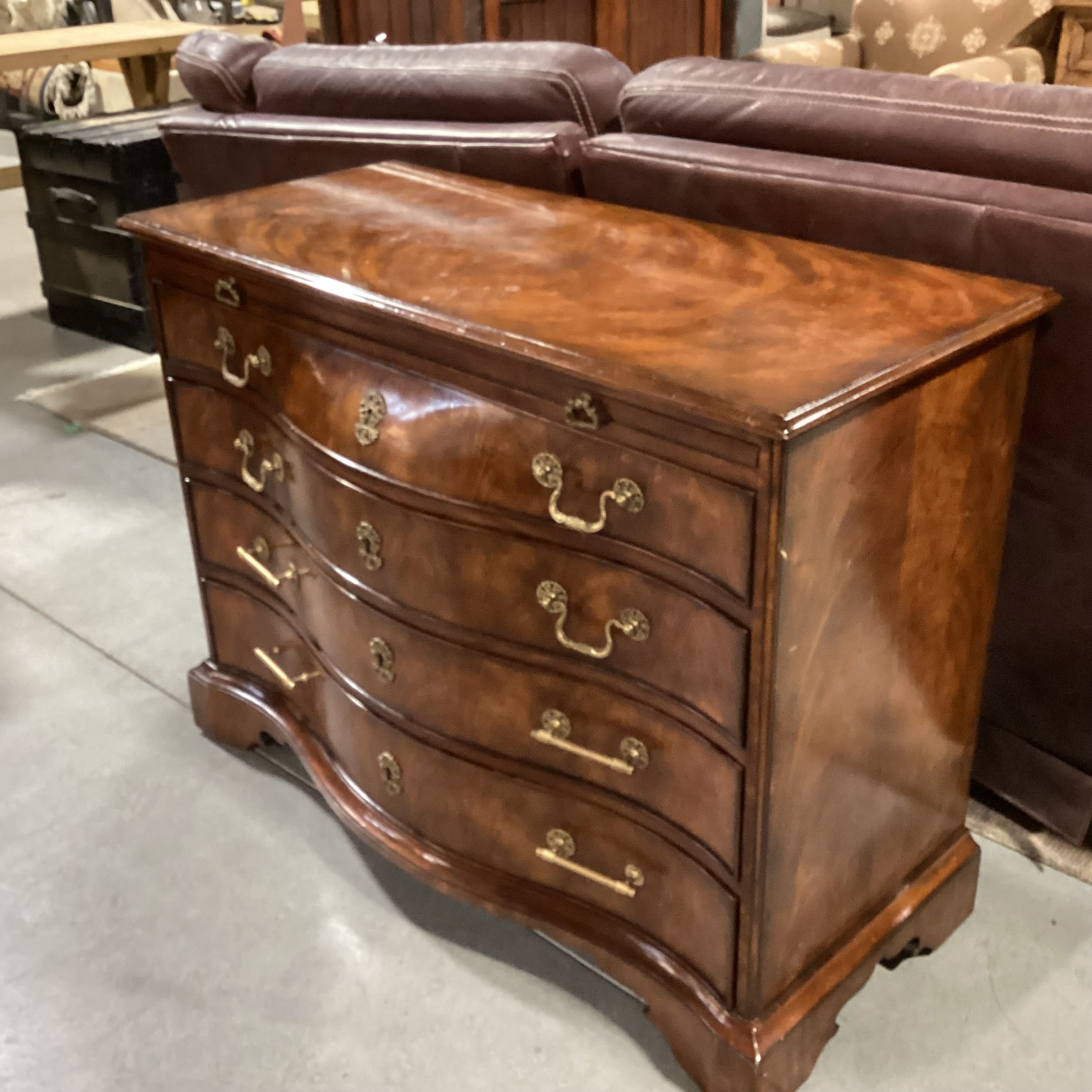 Theodore Alexander Flamed Mahogany Veneer & Carved Wood Ornate Brass Accent with Leather Top Pullout 4 Drawer Chest 42.5"x 18.5"x 32"