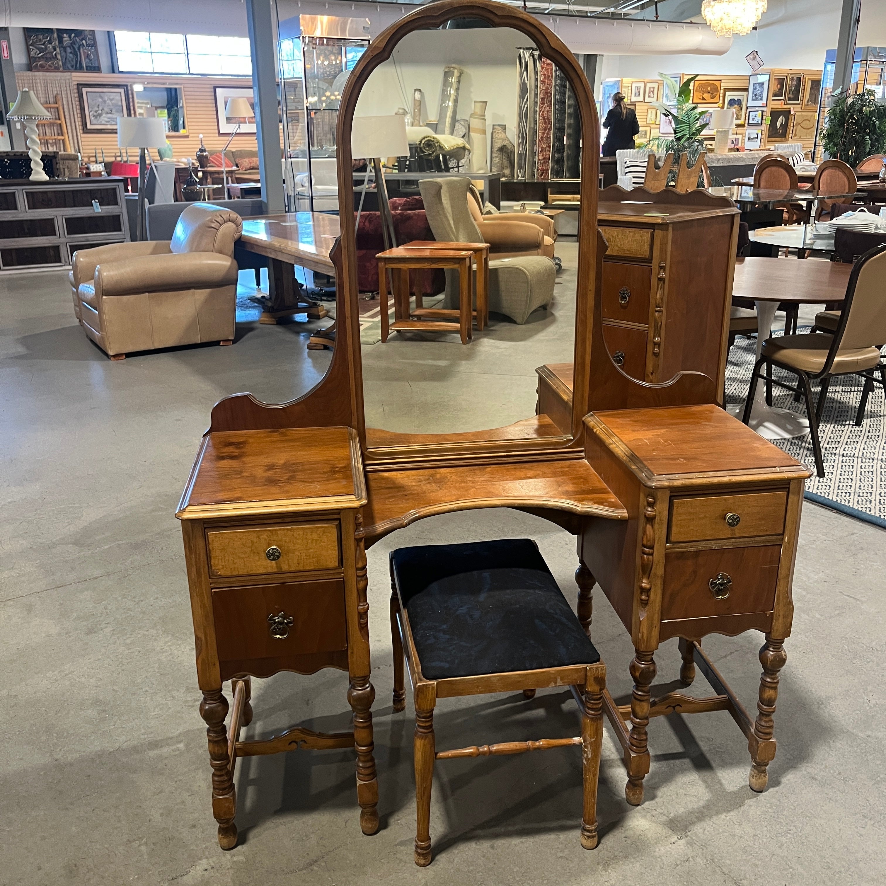 Antique Solid Wood 4 Drawer Spindle Leg with Bench Vanity 48"x 18"x 64"