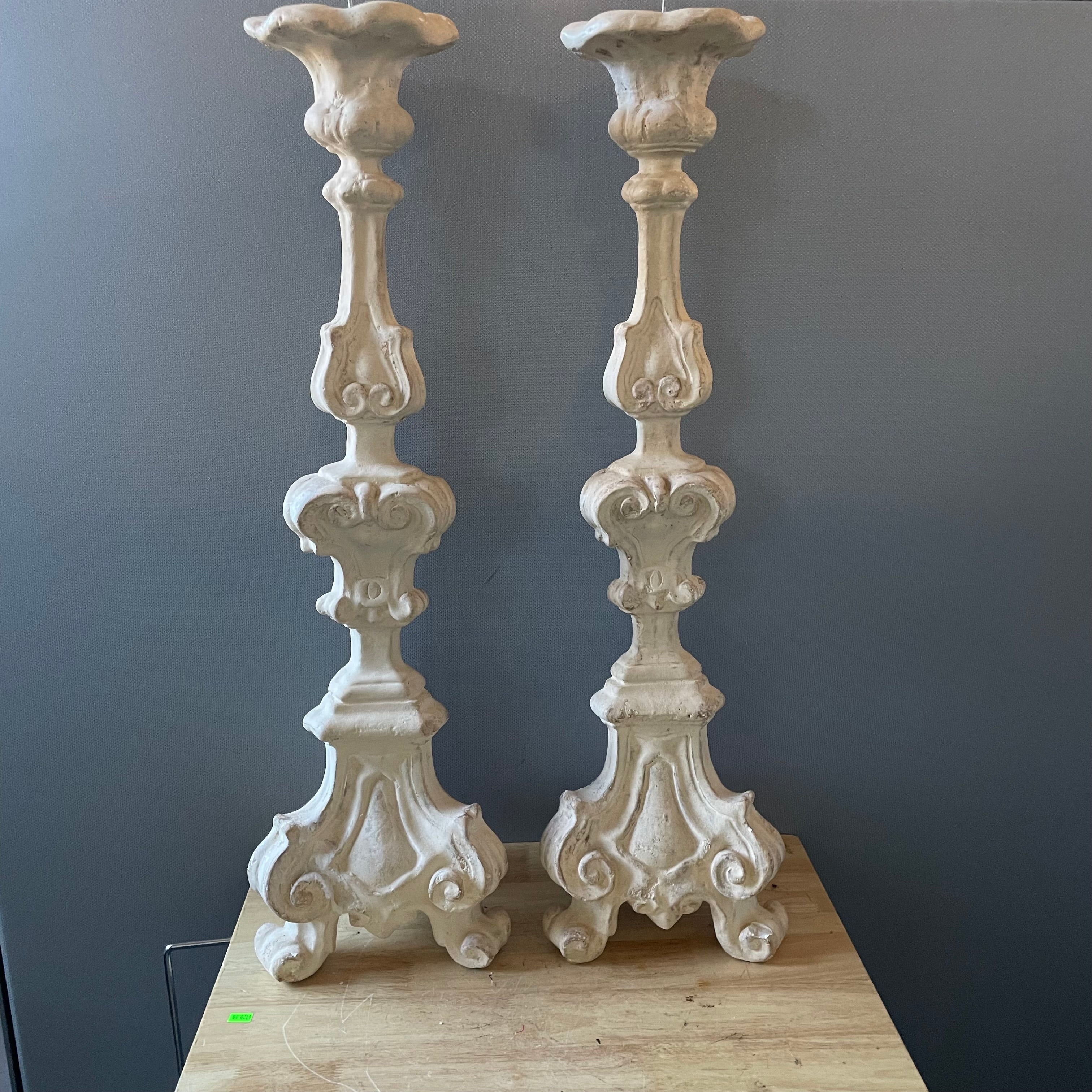 Vintage Baroque Style Composite Floor Candlesticks, Pair, 9.5"x 32"