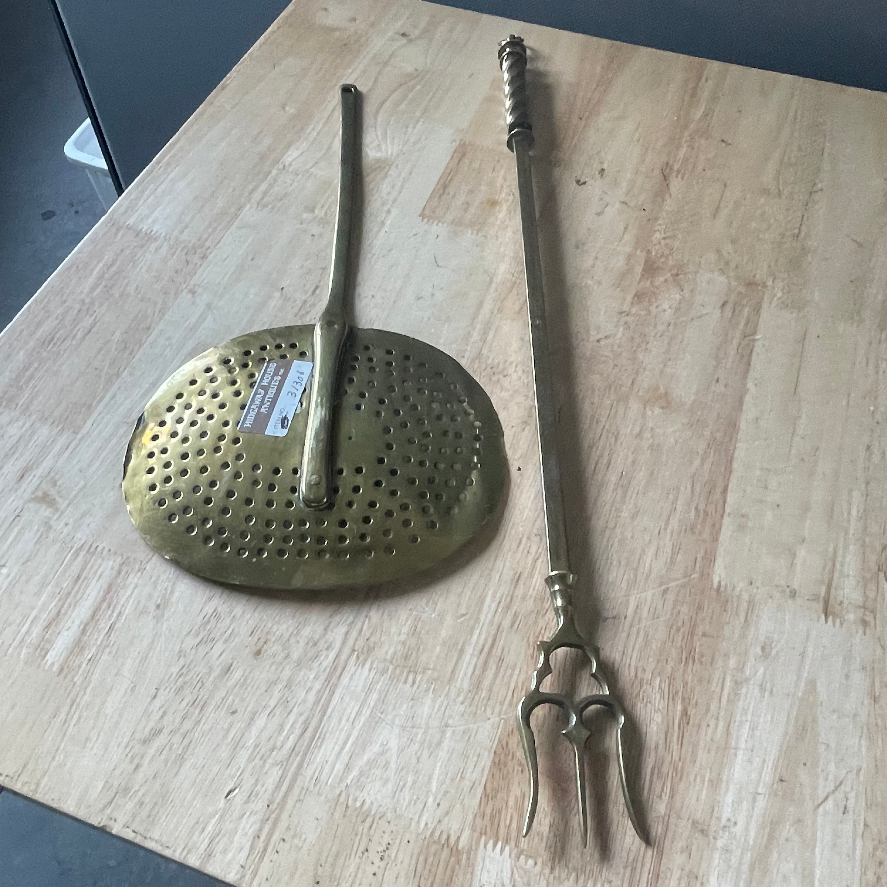 Set of 2 Antique 19th Century Brass Finialed Toasting Fork and Brass Skimmer