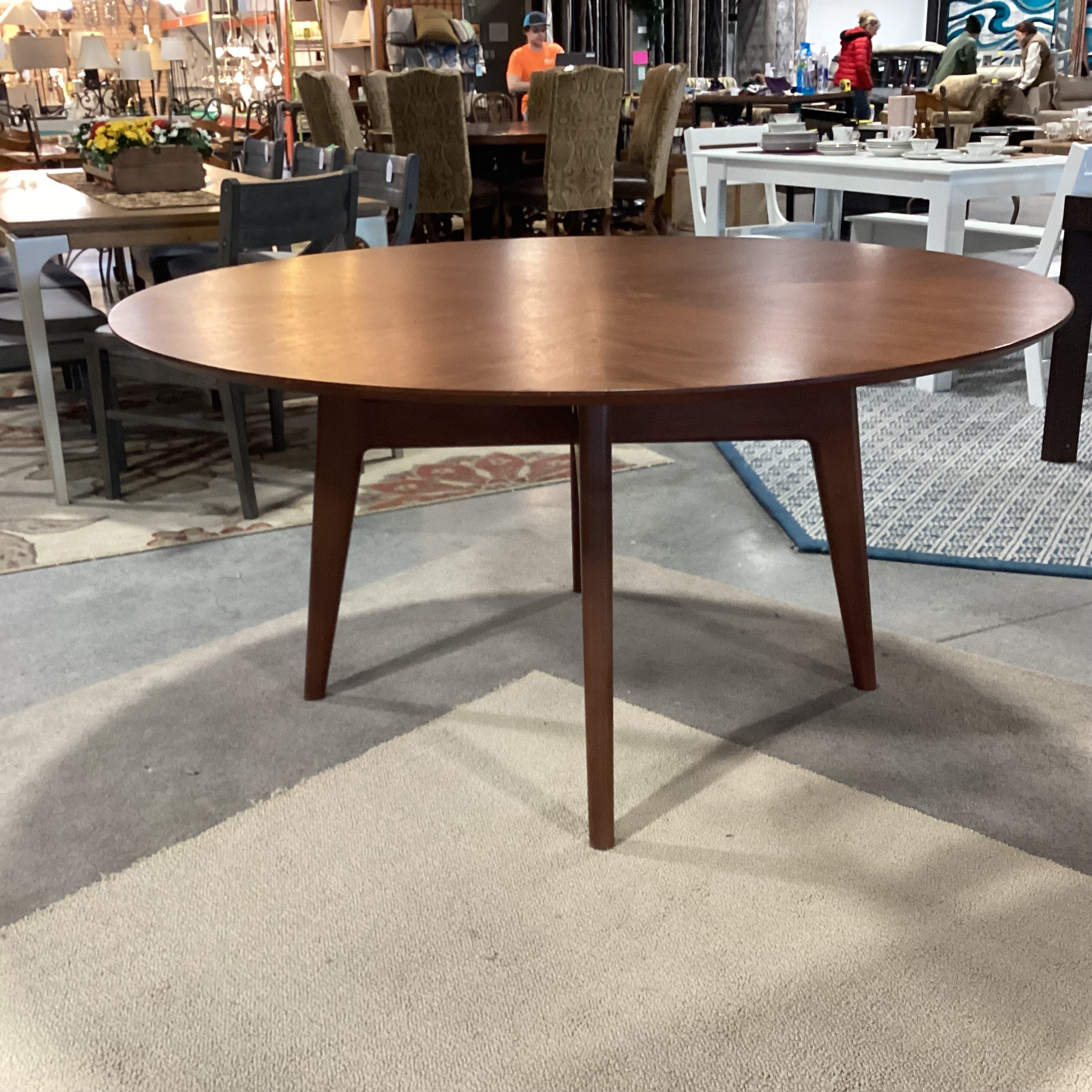 Crate & Barrel Tate Mid Century Style Walnut Finish Round Dining Table 60" Diameter x 30"