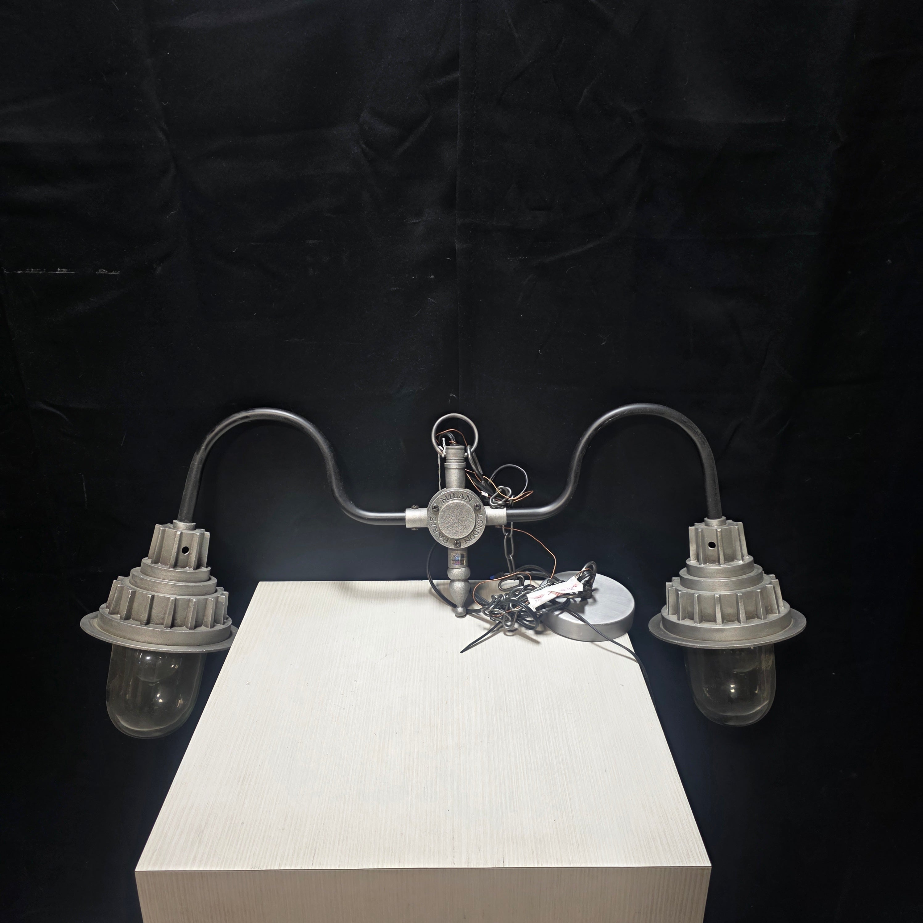 Industrial Steampunk "Milan, London, Paris" Two Light Chandelier Housing Glass Globes 26"x9"x13"