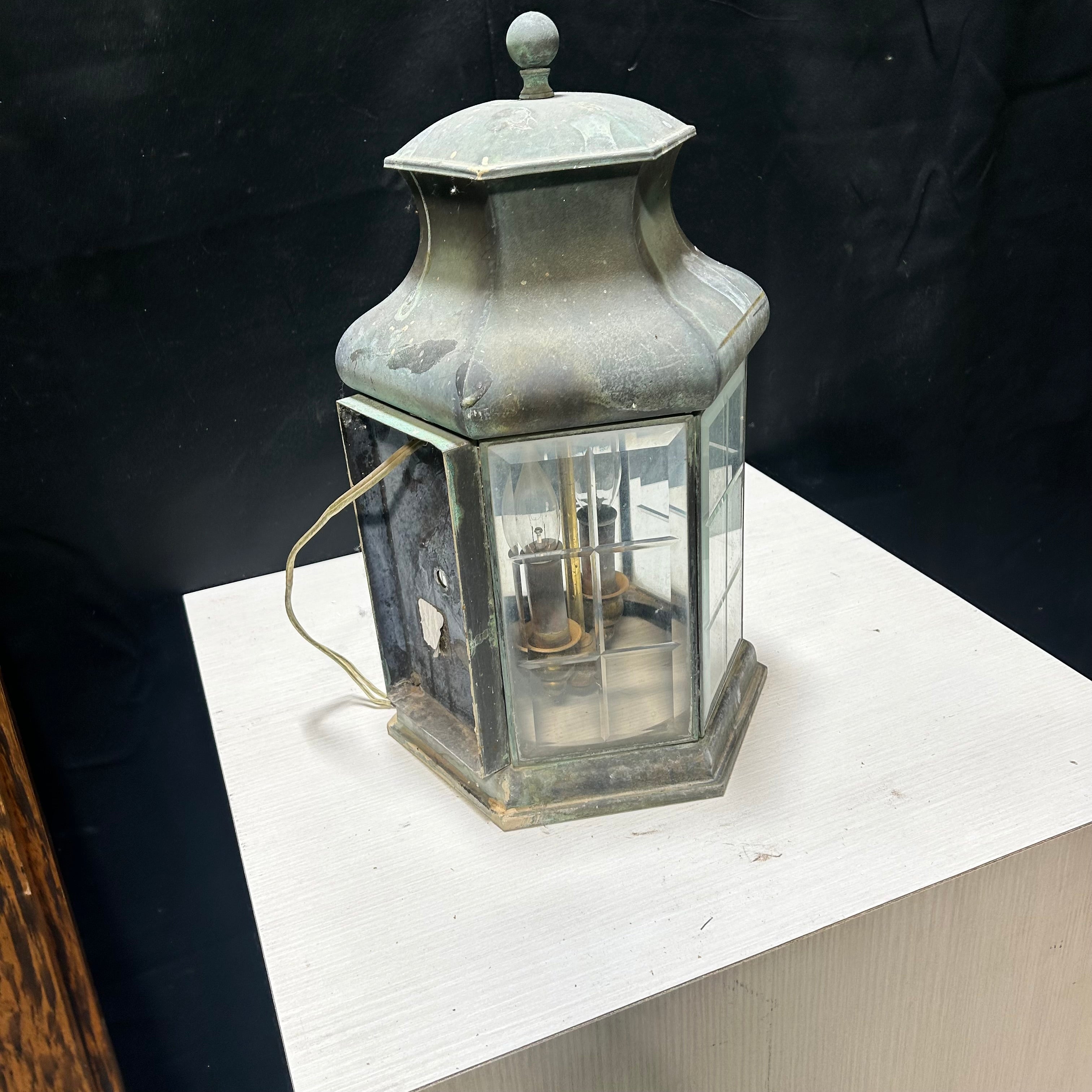 Vintage Copper 5 Panel Beveled Glass 2 Light Wall Sconce 9"x9"x16"