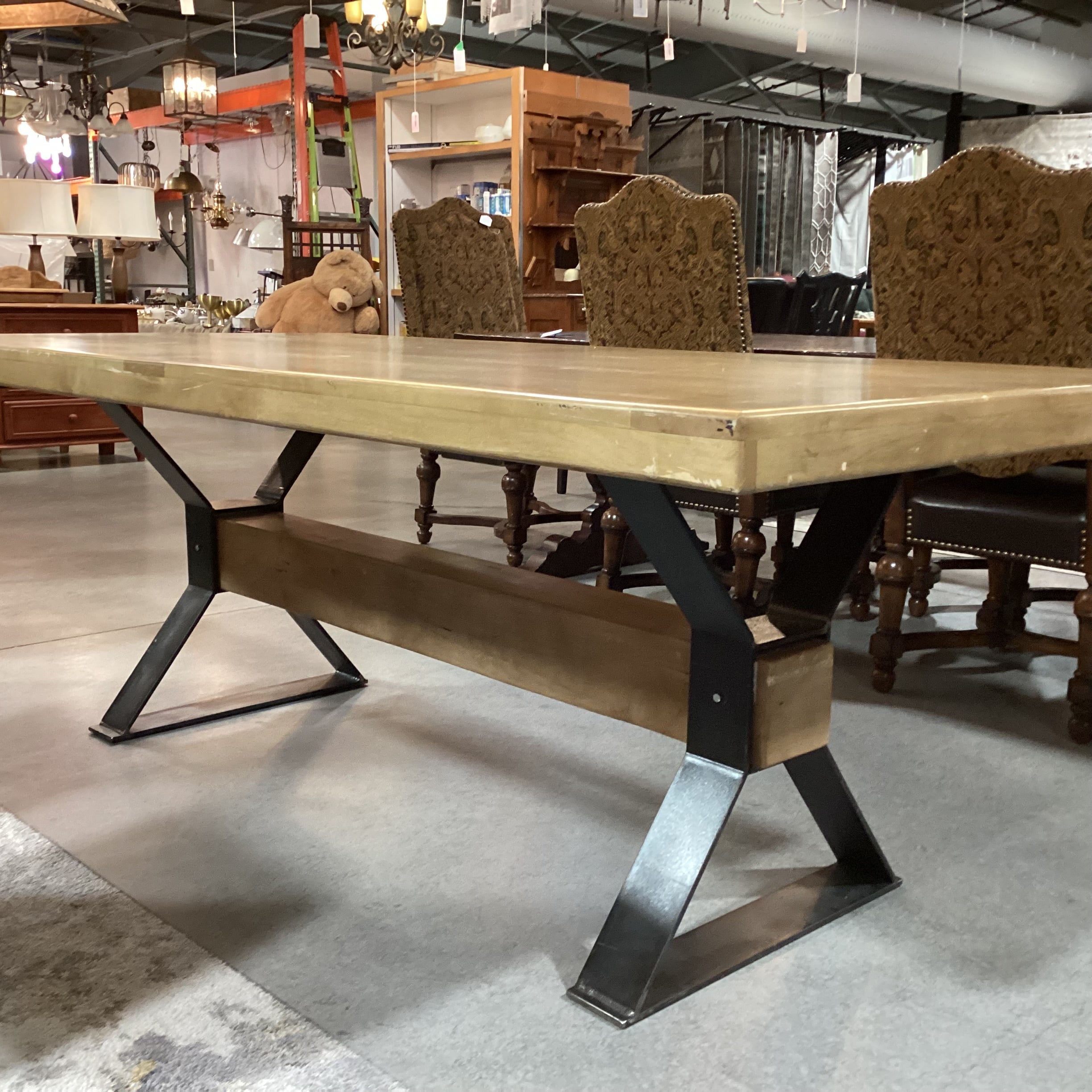 Mountain Modern Light Distressed Finish Wood & Steel with Beam Trestle Dining Table 84"x 42"x 31"