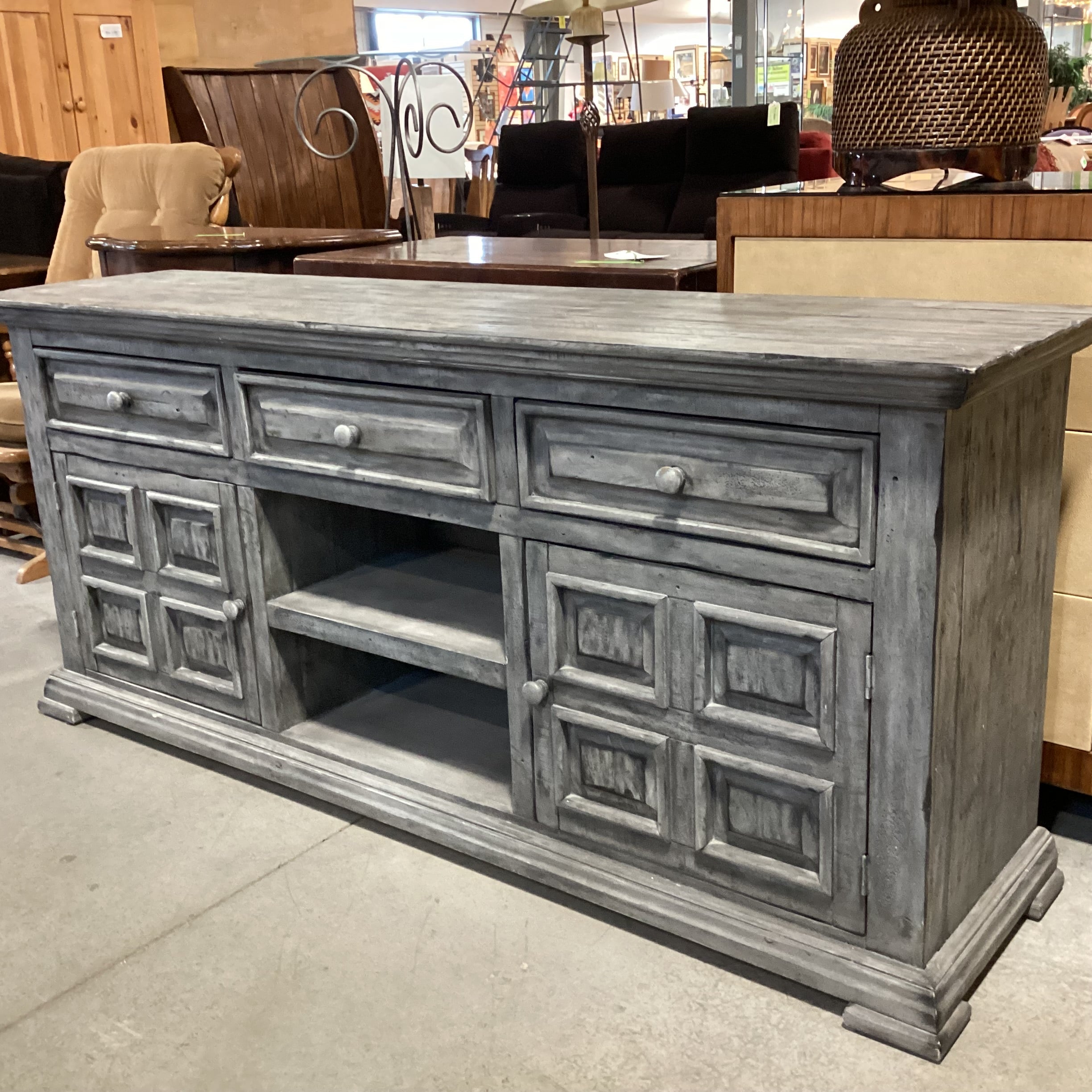 Rustic Distressed Grey Washed Wood  3 Drawer 2 Door & Shelves Console Credenza 71.5"x 17.5"x 32"