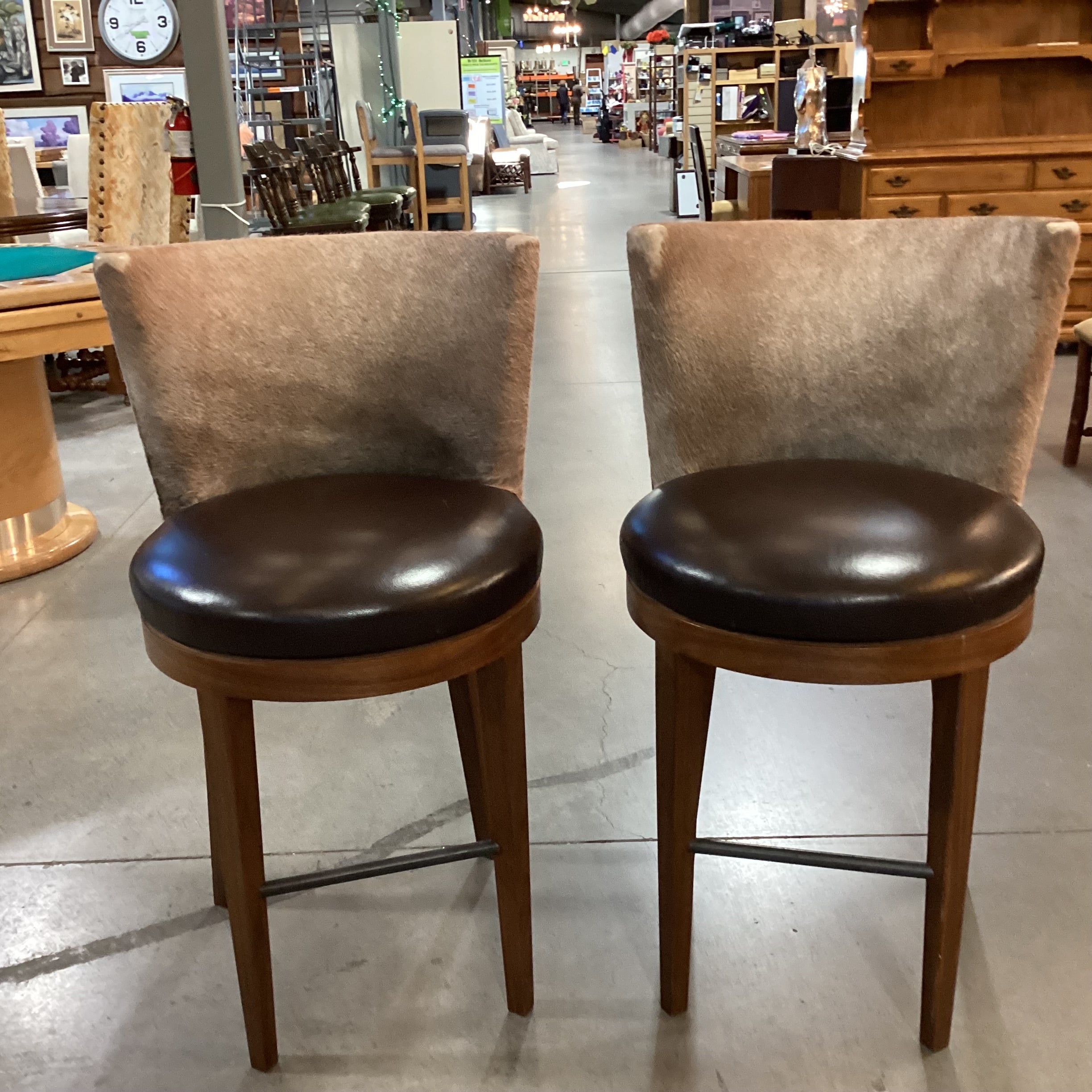 SET of 2 Carved Wood Cowhide & Leather Swivel Barstools 27"