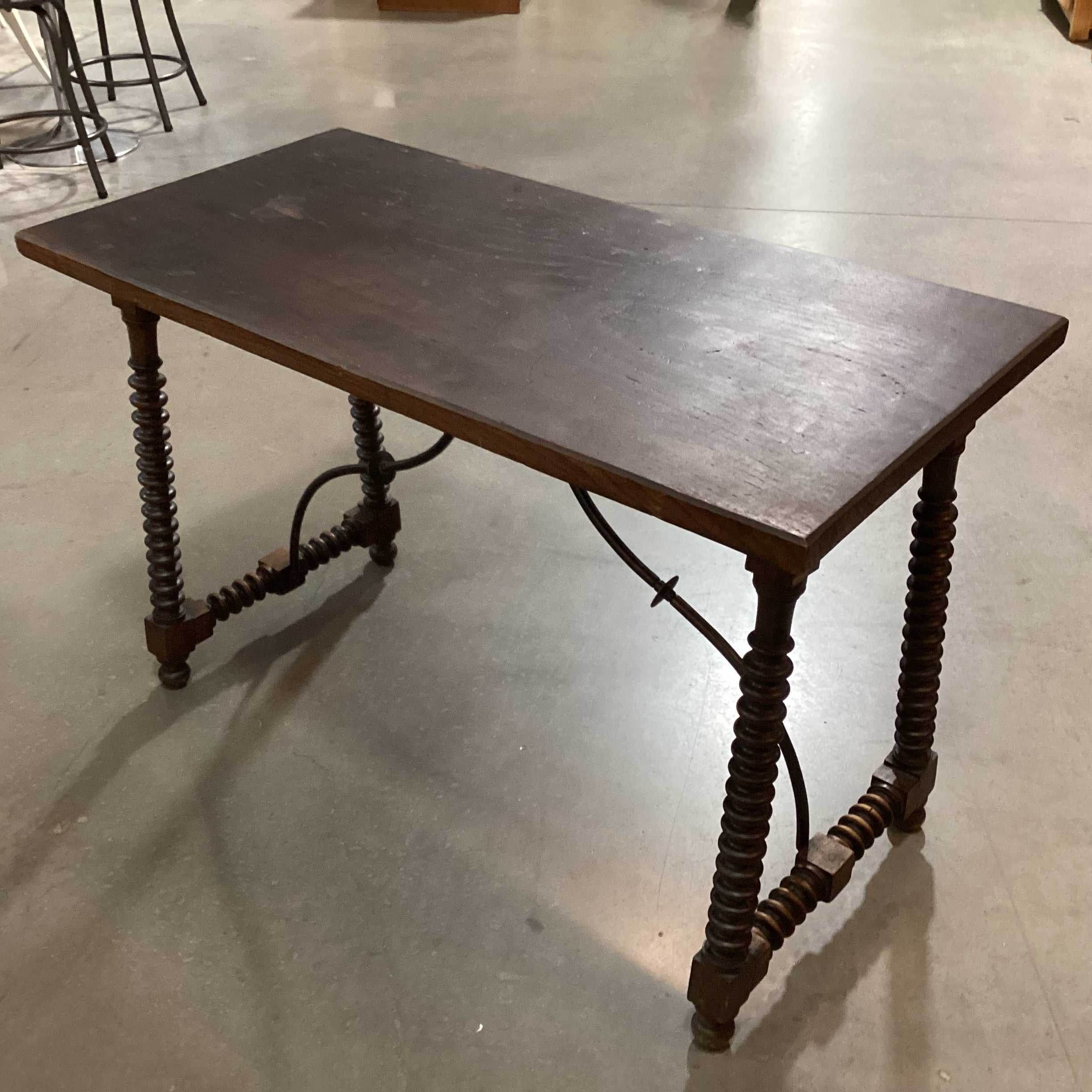Antique Dark Finish Wood with Bobbin Turnings & Iron Stretchers Accent Table 44.5"x 22"x 28.5"