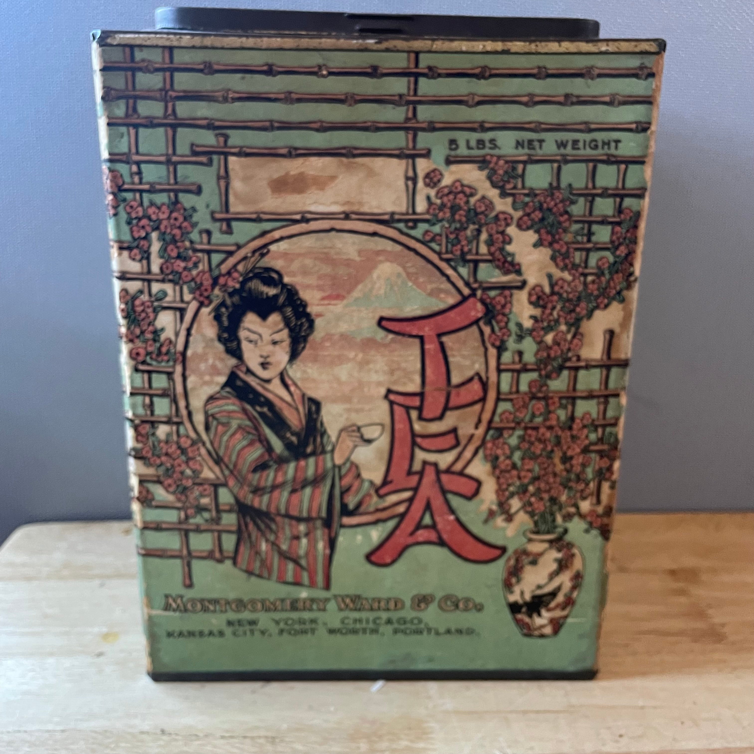 Antique 1913 Montgomery-Ward 5Lb Cardboard Japanese Geisha Litho w/Liner Tea Box Tin