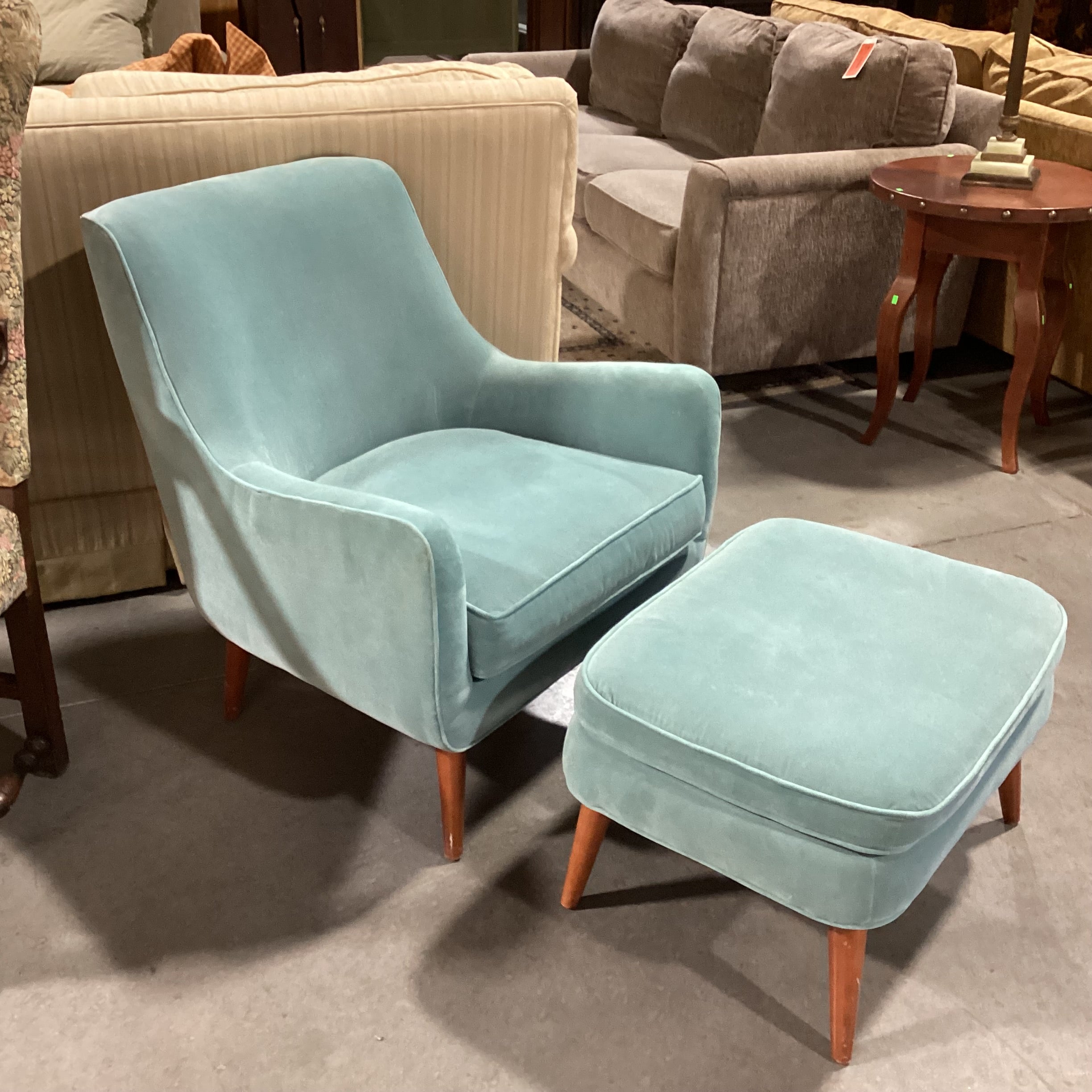 Room & Board Quinn Mid Century Style Seafoam Velvet with Ottoman Chair 30"x 34"x 34'