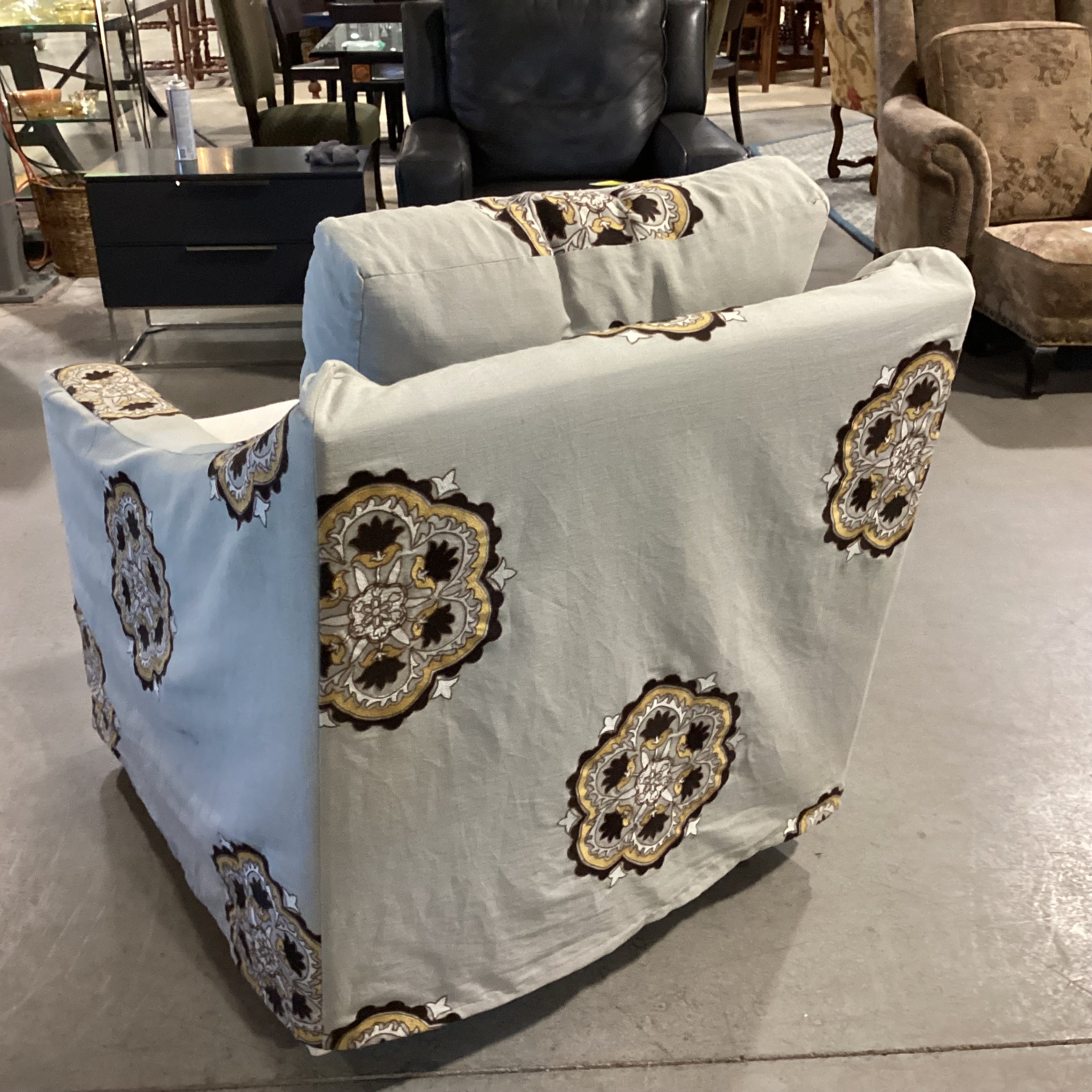 Grey with Brown Gold Medallion Slipcover Down MIx Swivel Chair 32"x 39"x 33"