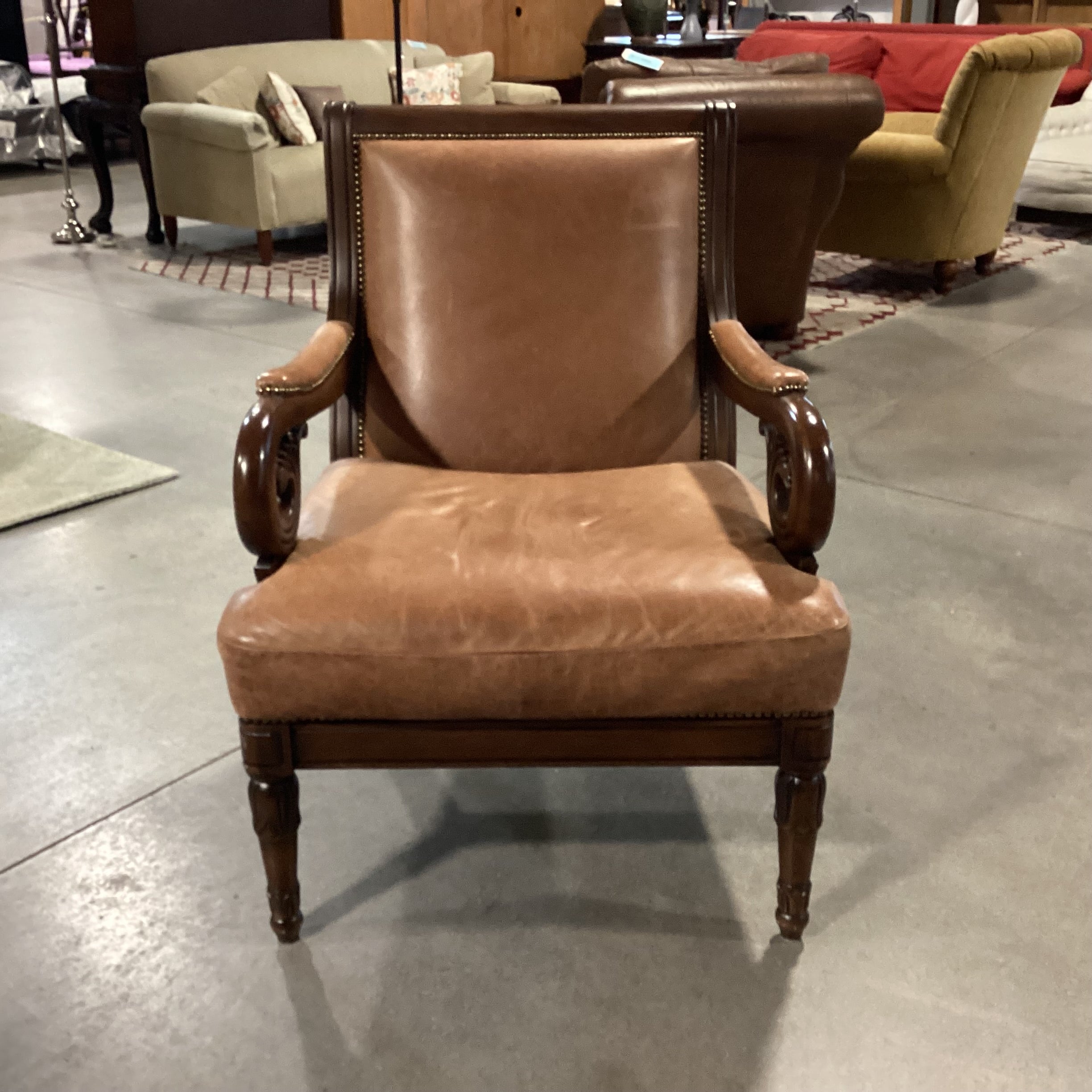 Carved Scroll Arm & Leather Nailhead Chair 29"x 33"x 39"