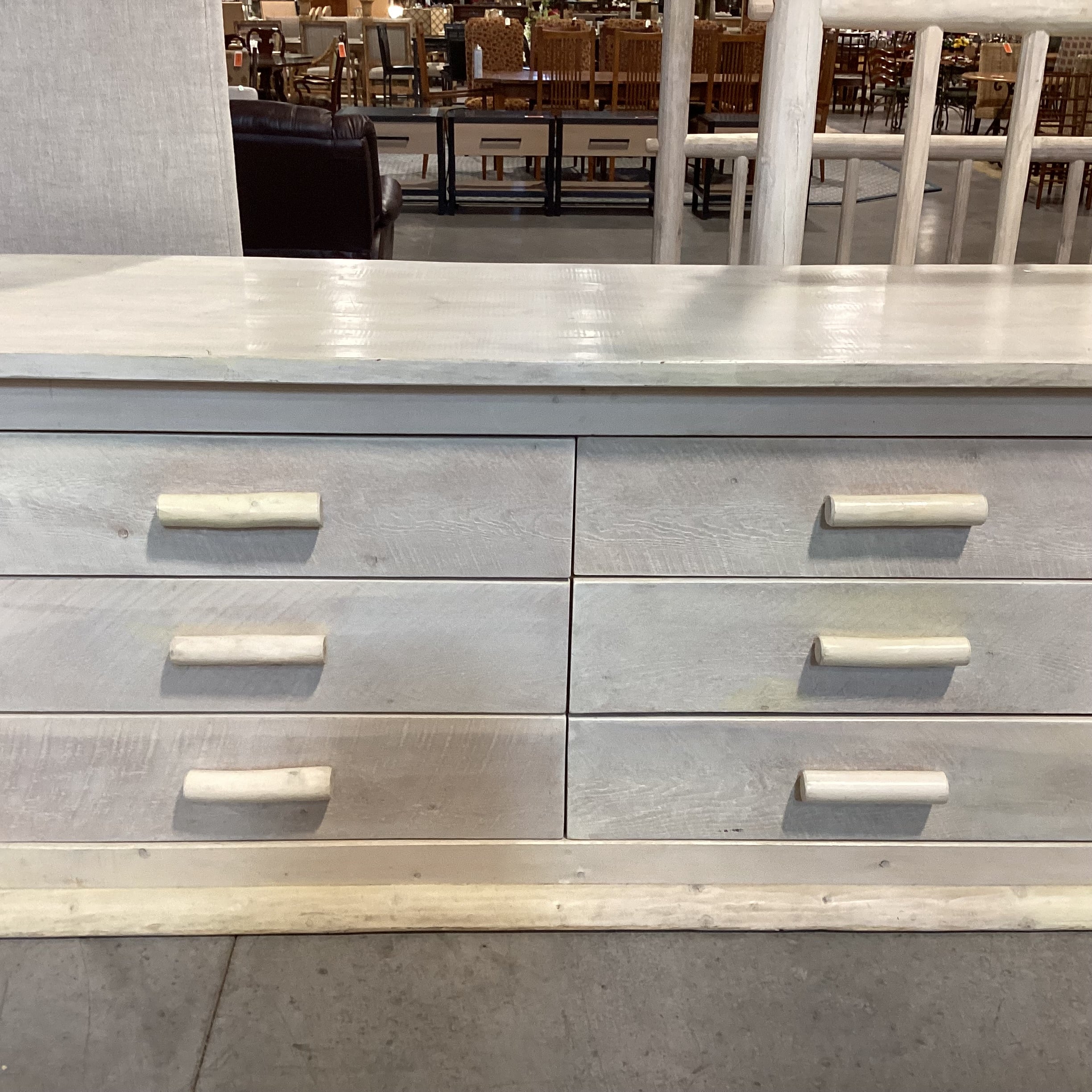 Cream Washed Wood & Log Custom 6 Drawer Dresser 80"x 27"x 37.5"