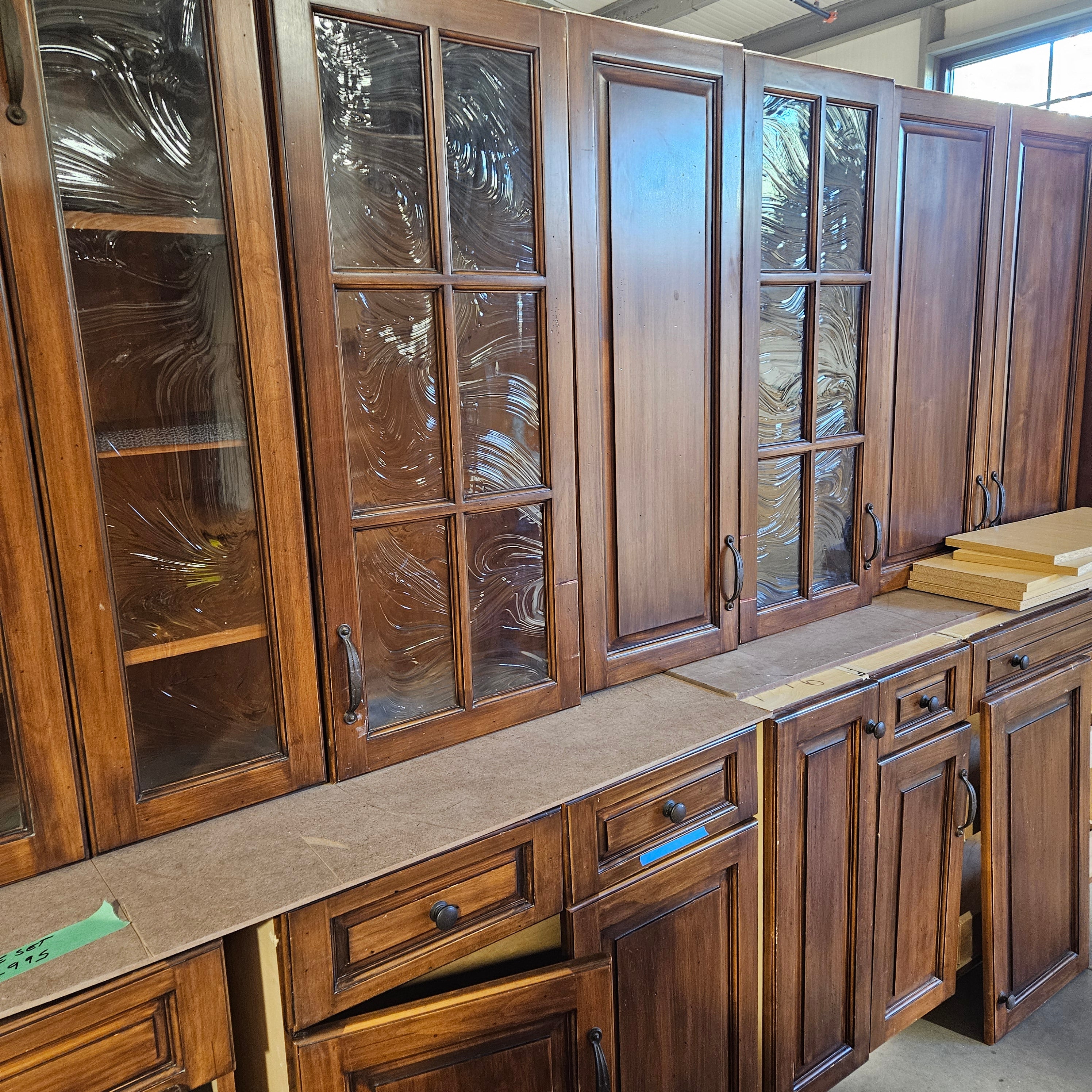 27 Piece Dark Staine And Glazed With Dark Rustic Hardware Cabinet Set