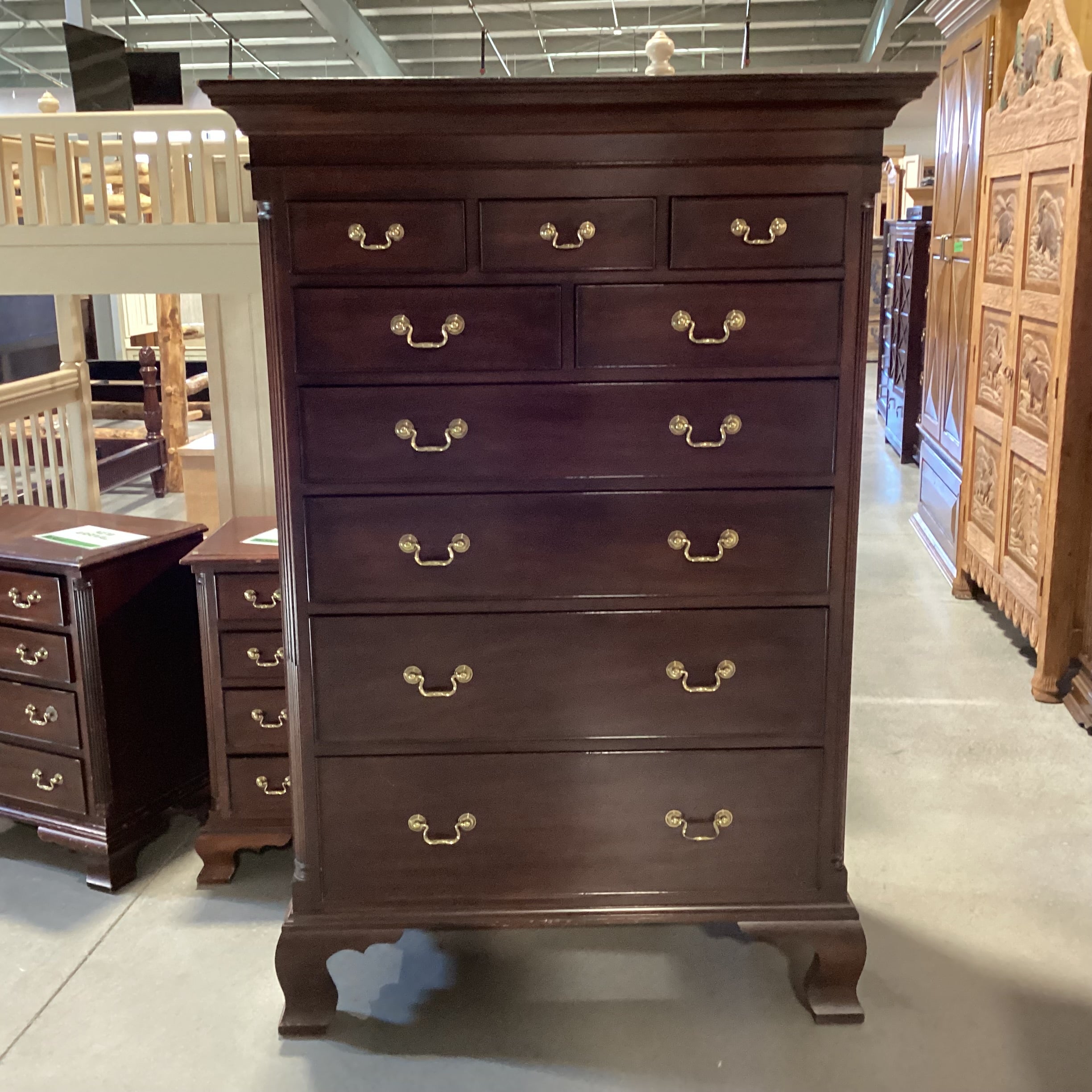 Henkel-Harris Dark Finish Carved Wood 9 Drawer Gentlemans Chest 45"x 24"x 65.5"
