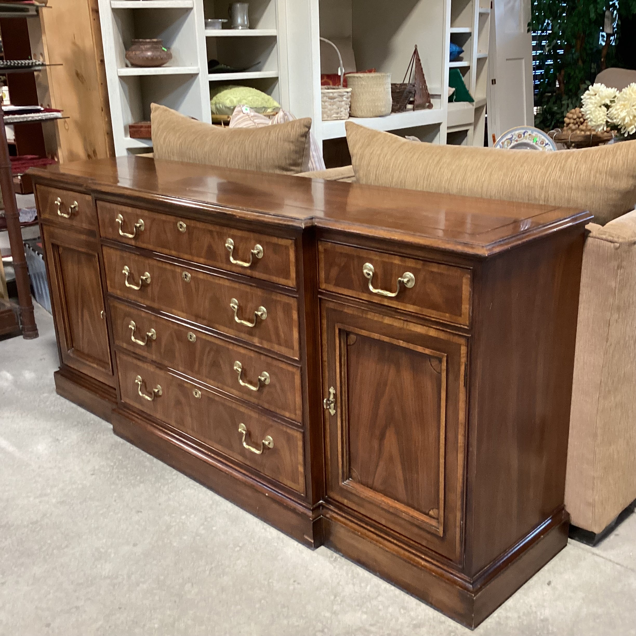 White Fine Furniture & Veneer with Finished Wood Brass Accents 6 Drawer 2 Door With Shelves Credenza 70.5"x 17.5"x 32.5"