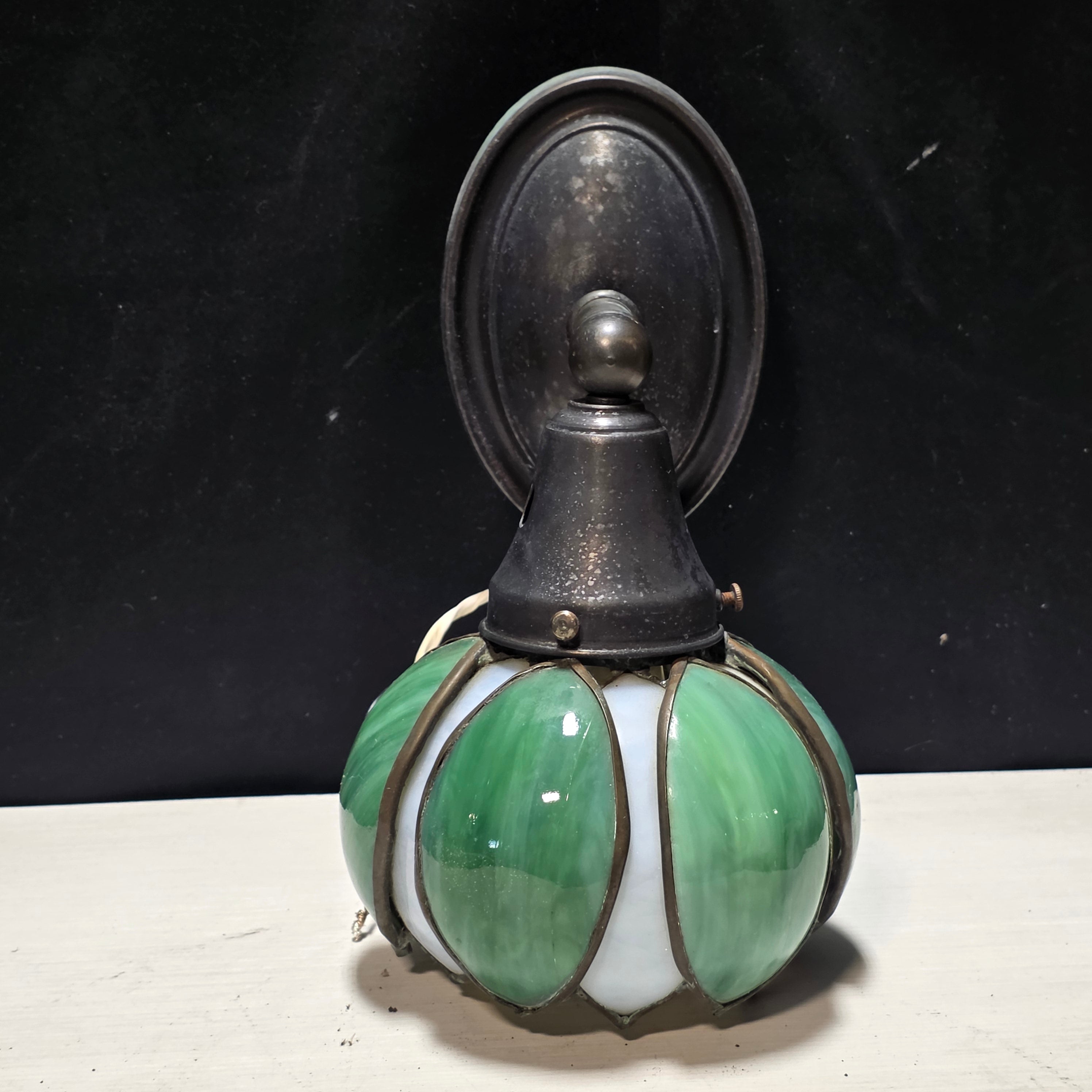 Art Nouveau Antique Slag Glass White and Green Tulip Sconce 6"x8"x10.5"