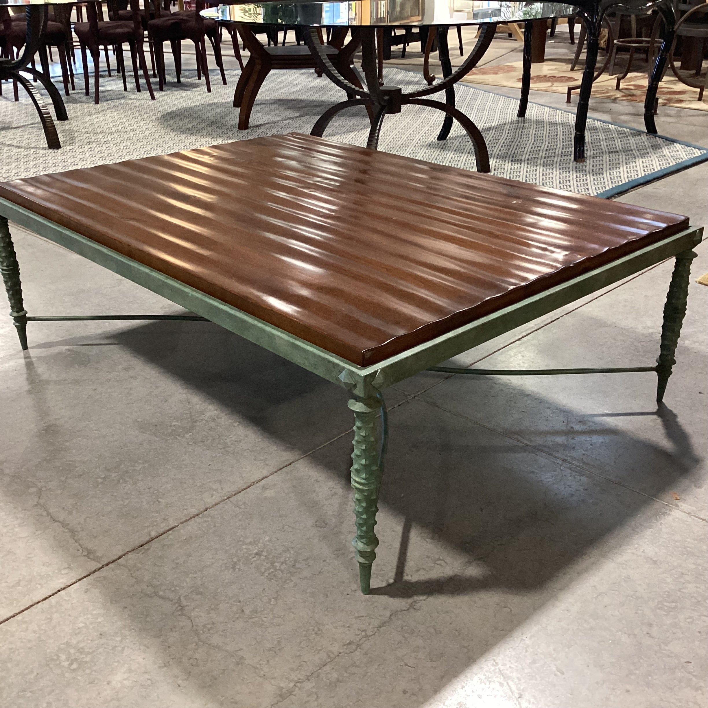 Solid Distressed Finished Plank Top & Verdigris Iron Base Coffee Table 54"x 40"x 18"