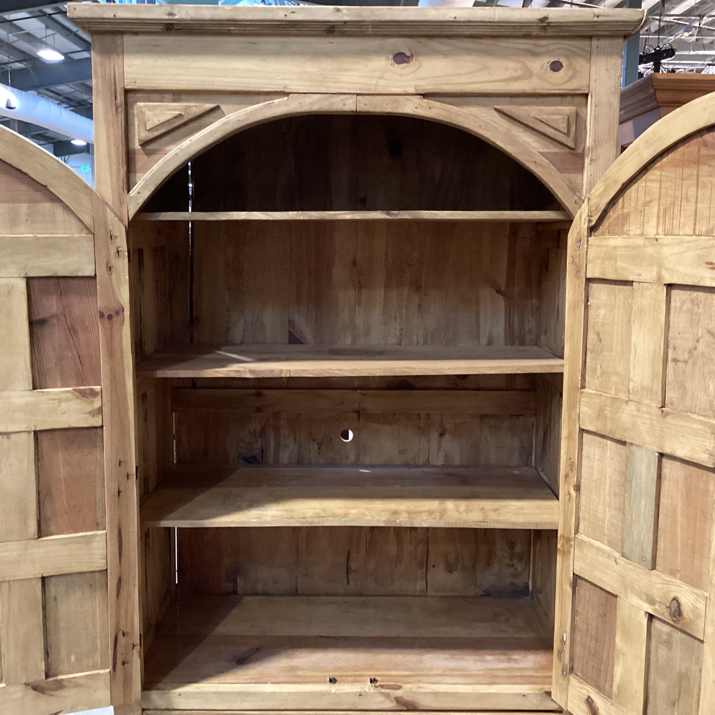 Rustic Carved Solid Natural Pine 2 Arched Door with Shelves & Bottom Drawer Armoire 52"x 26"x 80"