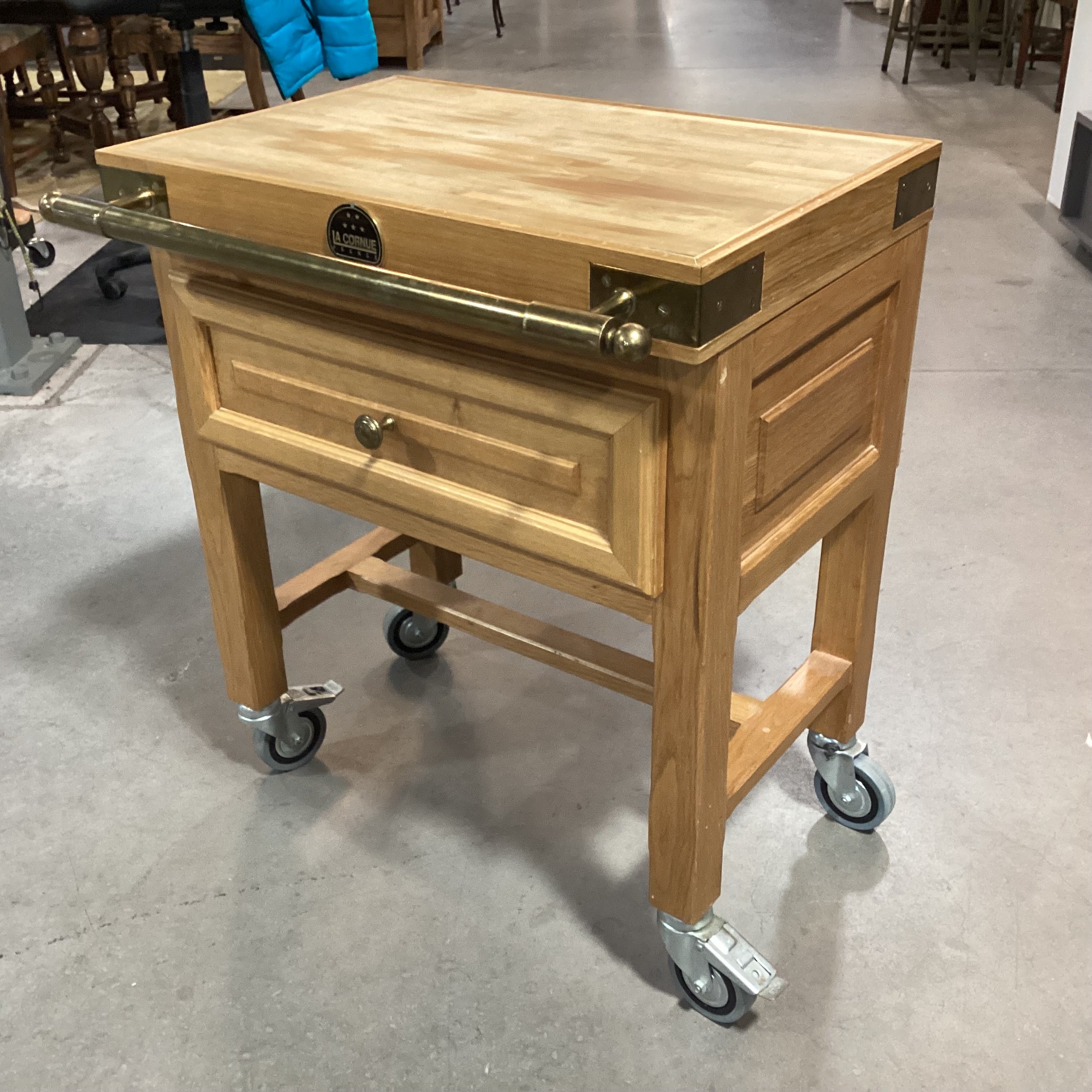 La Cornue Butcher Block & Brass on Casters 1 Drawer Cutting Board Island Buffet 28"x 25"x 32.5"