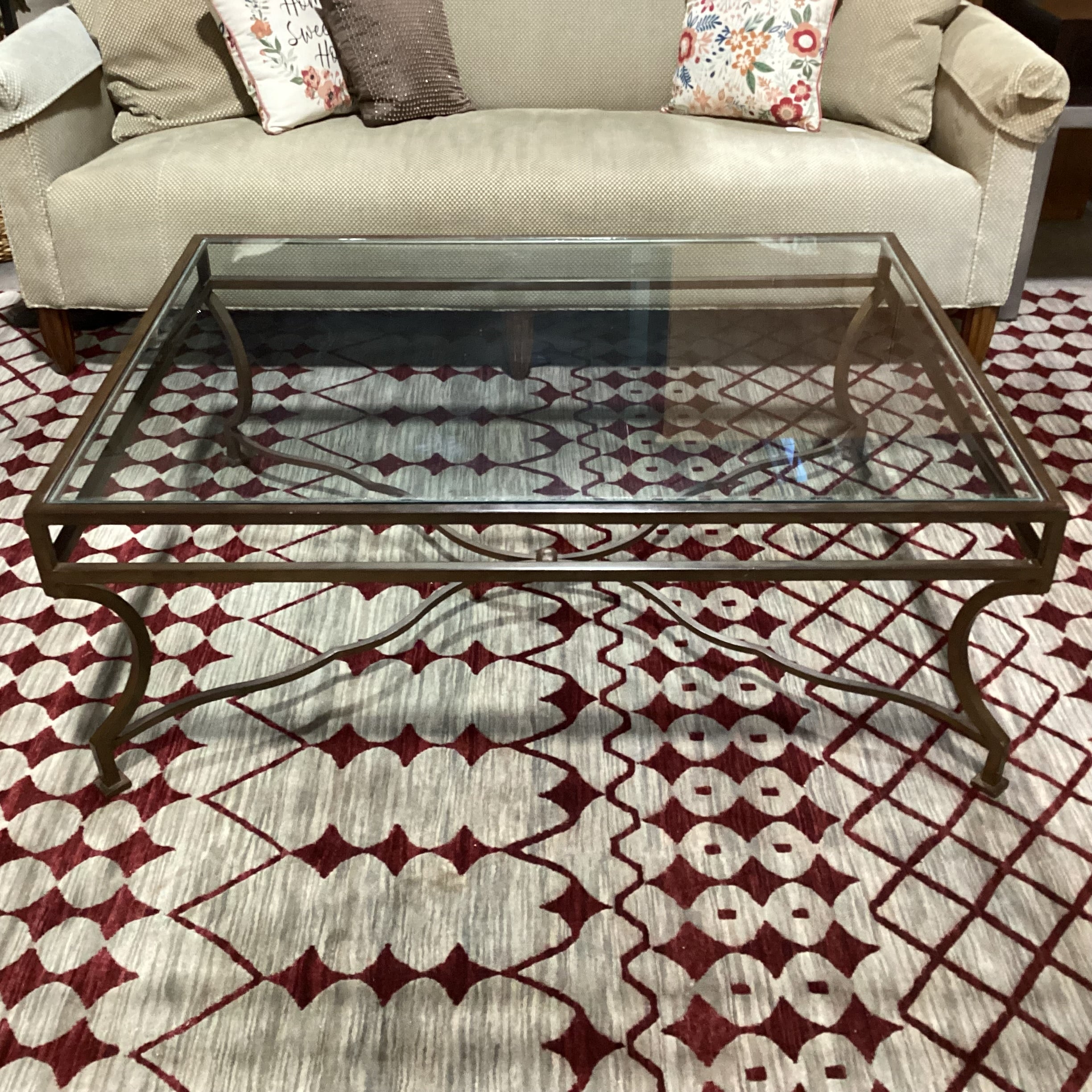Iron with Trestle & Glass Coffee Table 48"x 36"x 17.5"