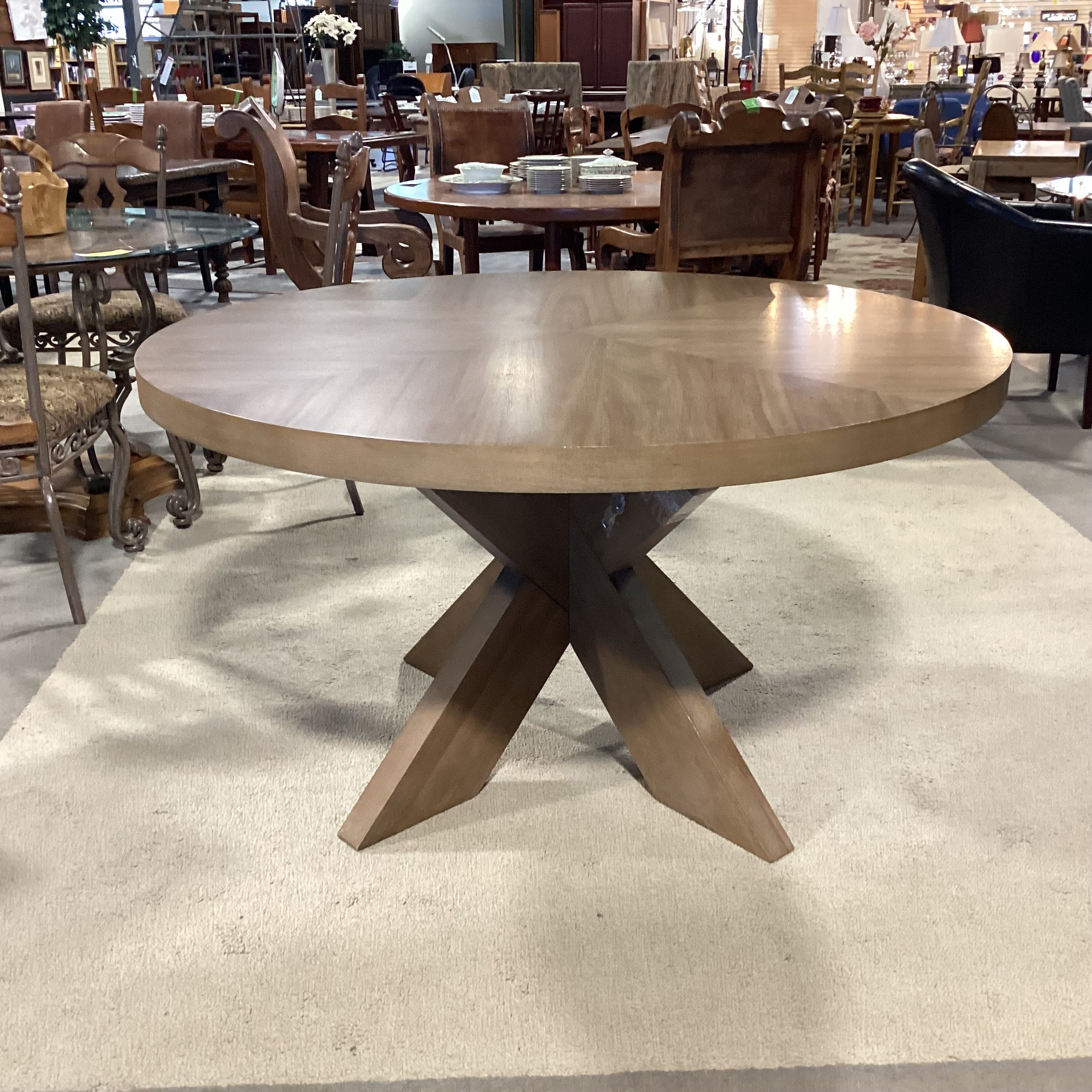 Samson International Light Green Grey Finish Wood & Veneer with X Style Pedestal Dining Table 54" Diameter x 30"