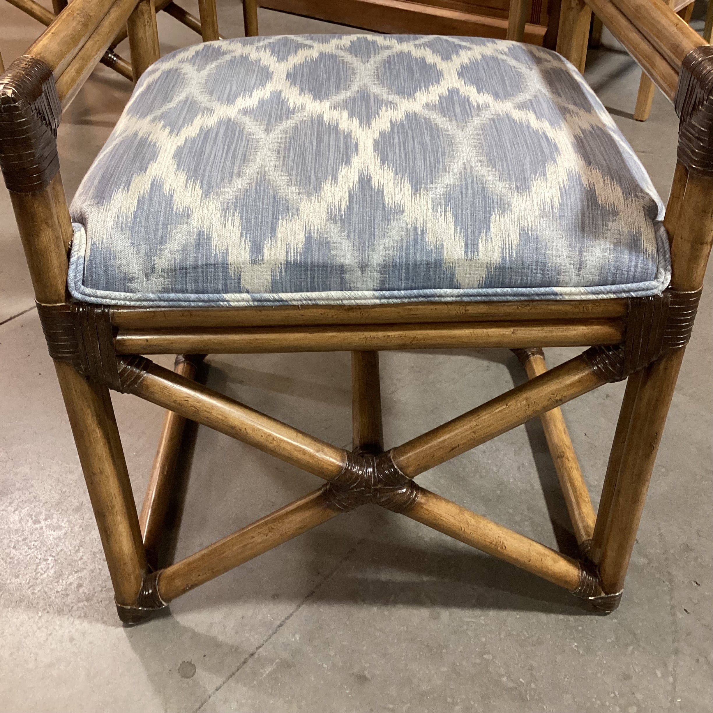 Vintage Bamboo Leather Strap Wrapped & Blue White Design Accent Chair 24"x 24"x 35"