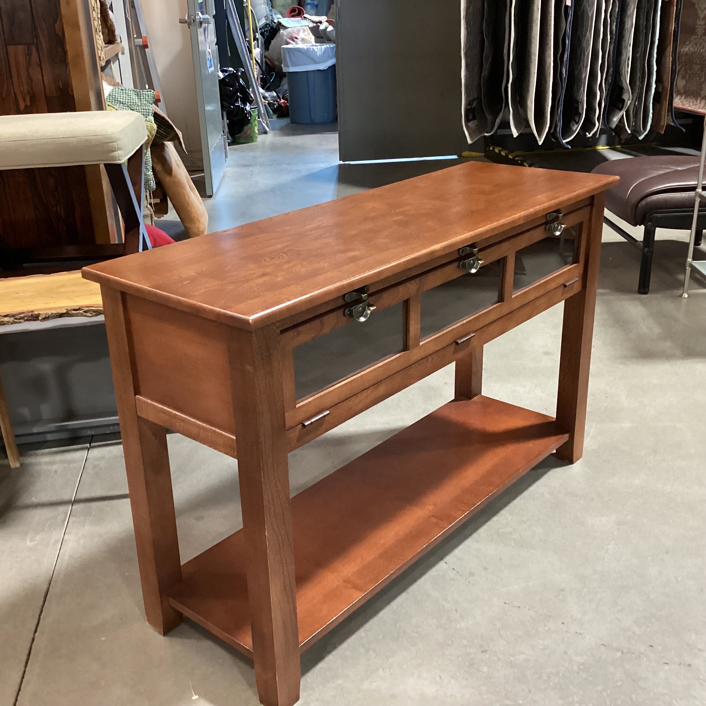 Finished Oak Flip Down Paned Glass Door & Bottom Shelf Console 46"x 16"x 29.5"