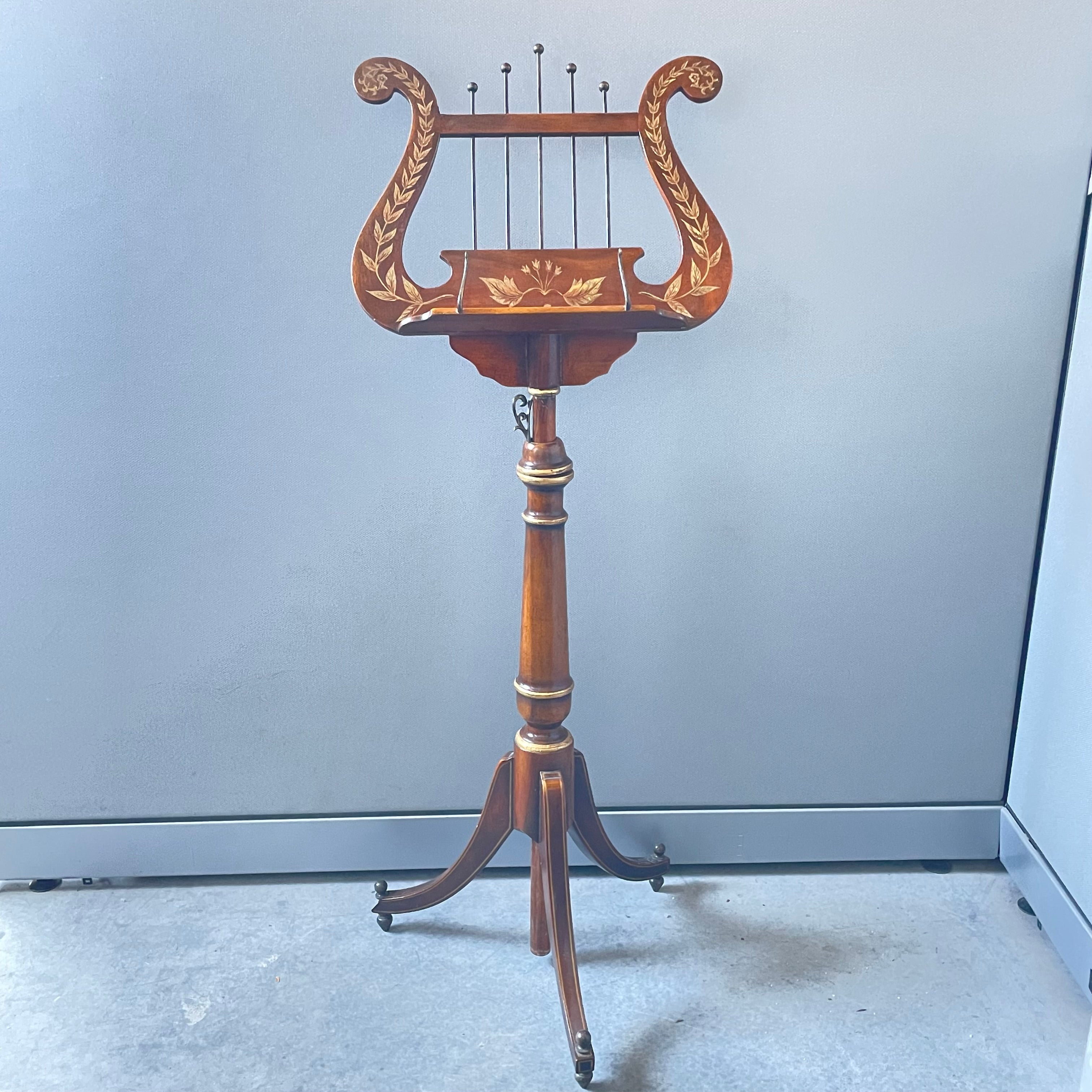 Antique Theodore Alexander Style Mahogany Harp Lyre Adjustable Music Stand, 17"x 46"