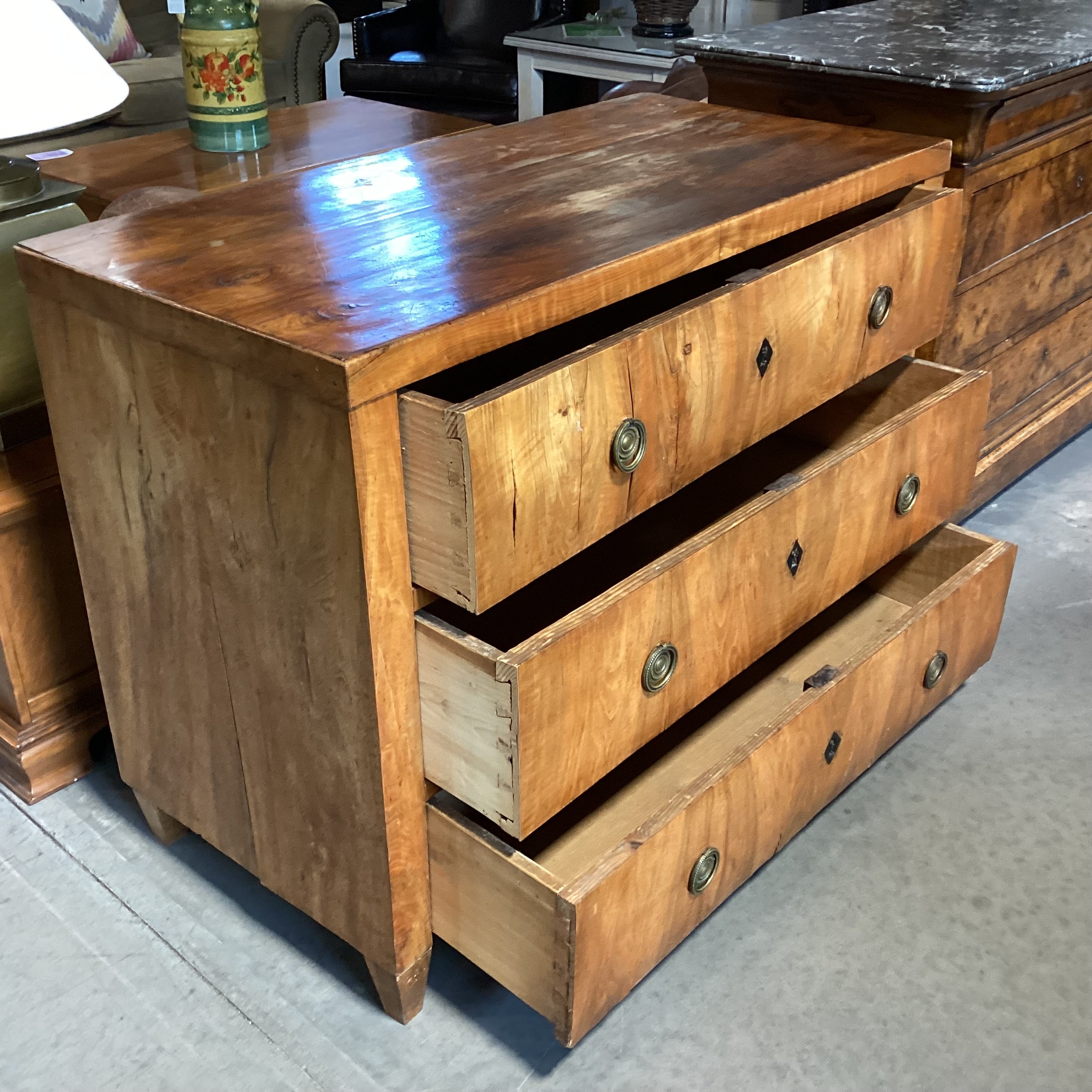 Antique Wood & Veneer 3 Drawer Keyhole Accent Chest 48.5"x 23"x 35.5"