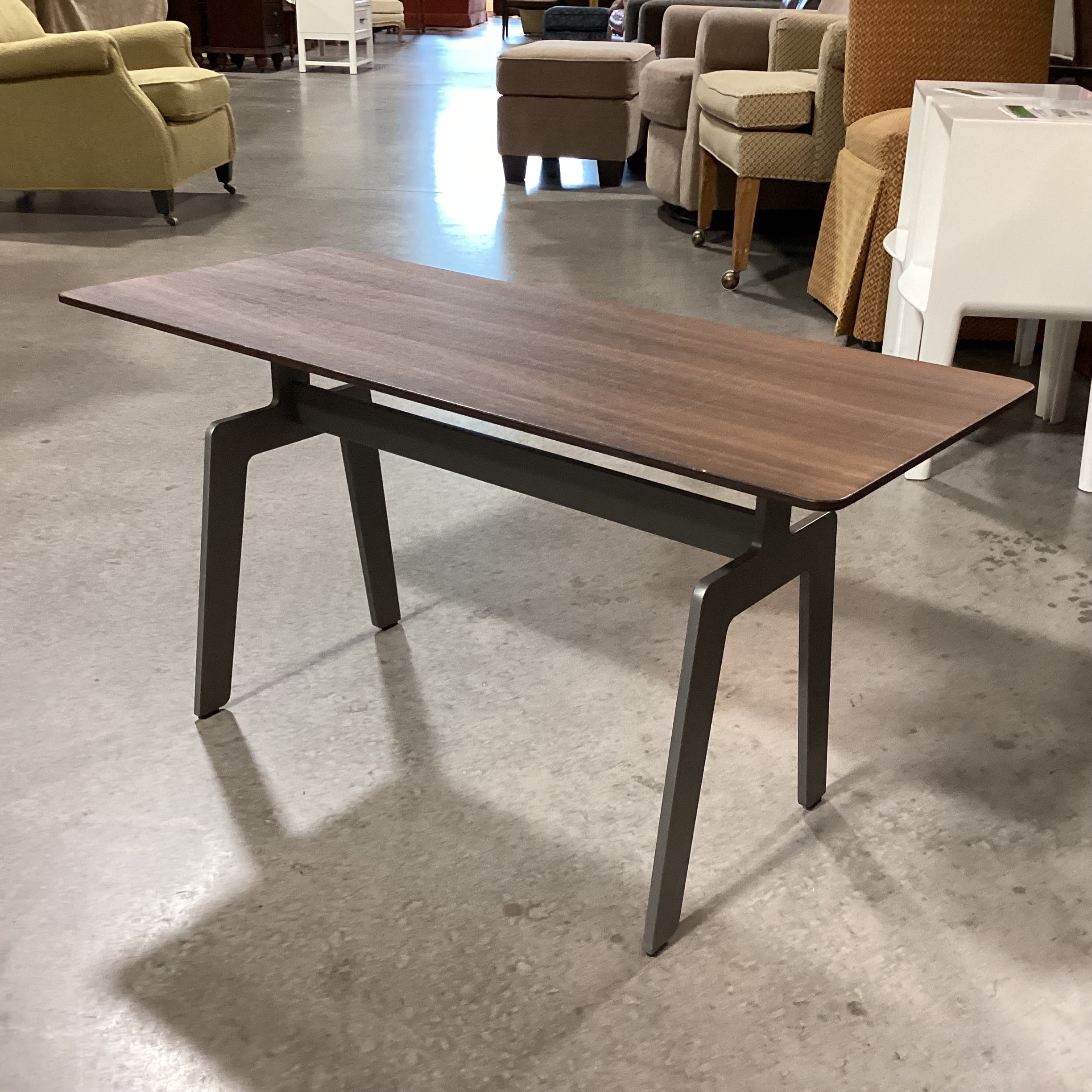 Poliform Italian Modern Walnut Veneer & Grey Steel Trestle Base Coffee Table 34.5"x 14.5"x 18"