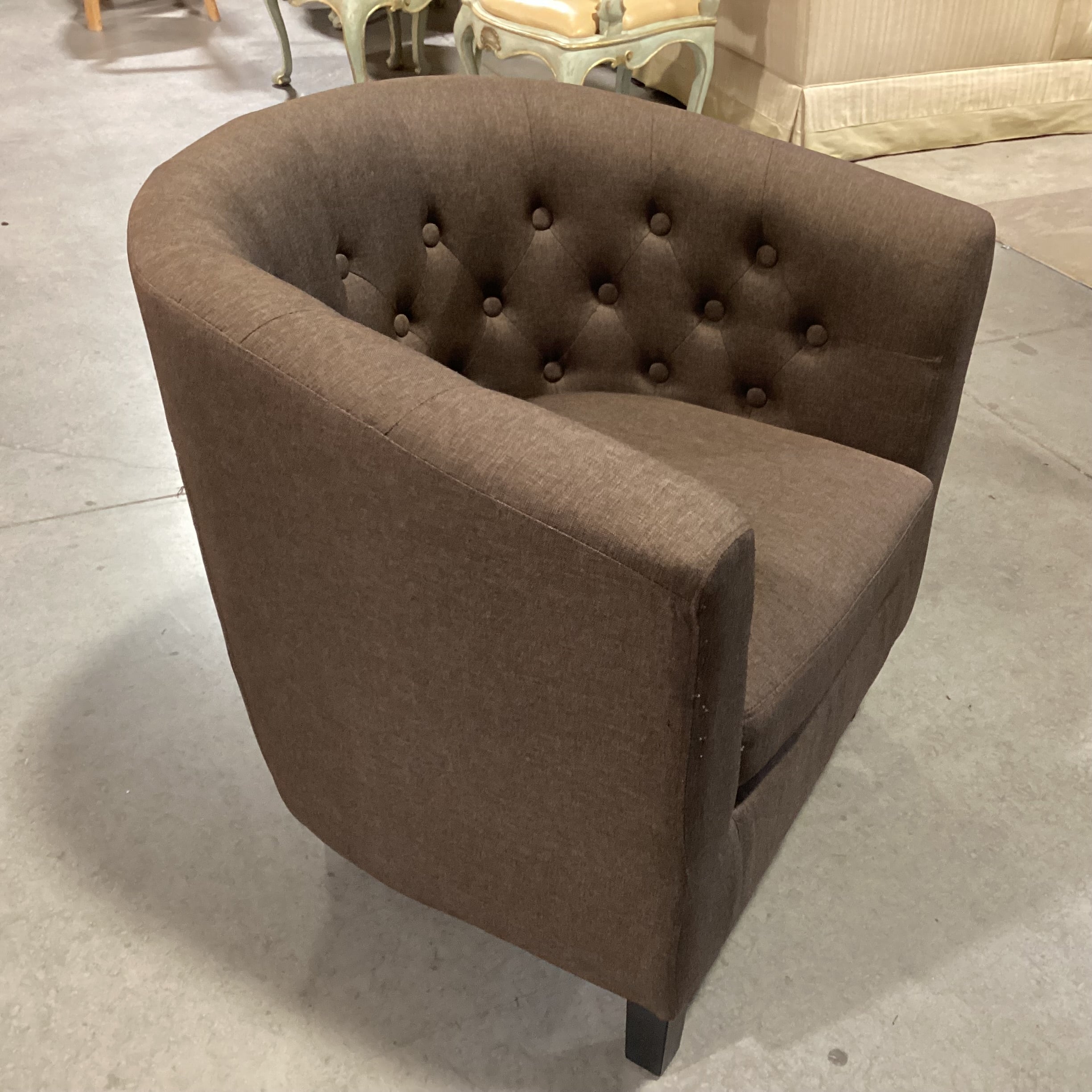 Brown Linen Button Tufted Barrel Chair 30"x 28"x 30"