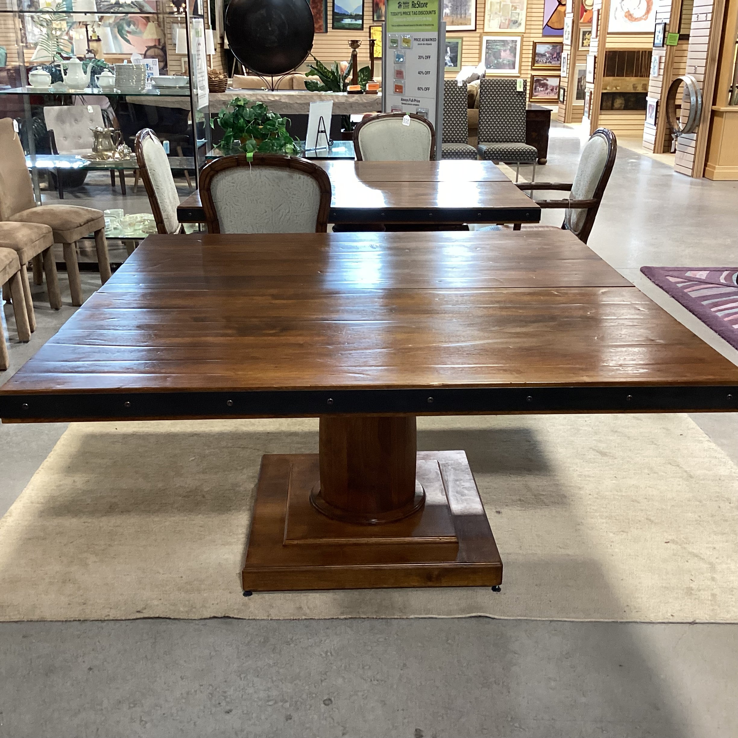 Custom Walnut & Iron Nailhead Edge with Pedestal Dining Table 60"x 60"x 30.5"