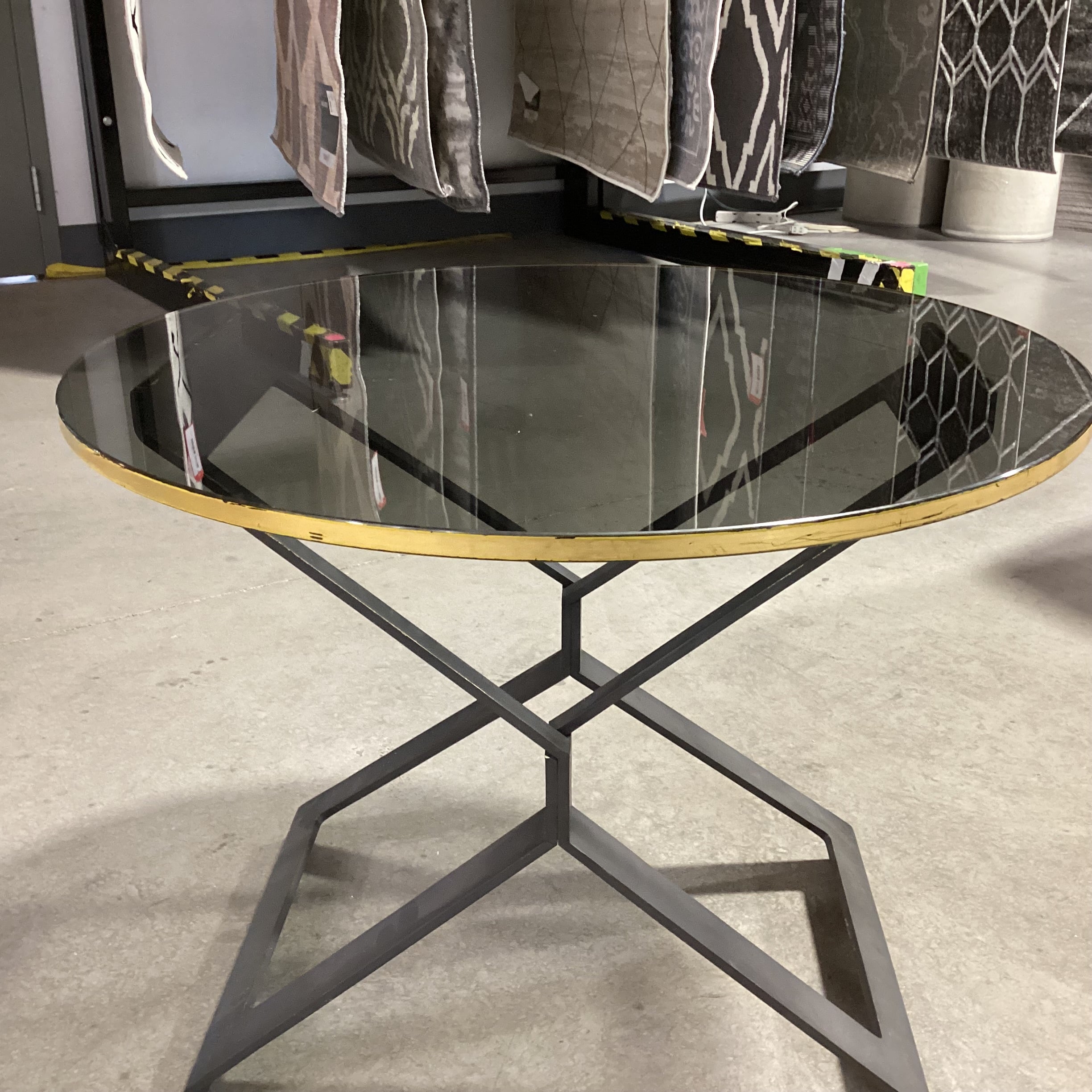 Black Finished Brass & Round Black Glass with Gold Gilt Edge Accent Table 26" Diameter x 21"