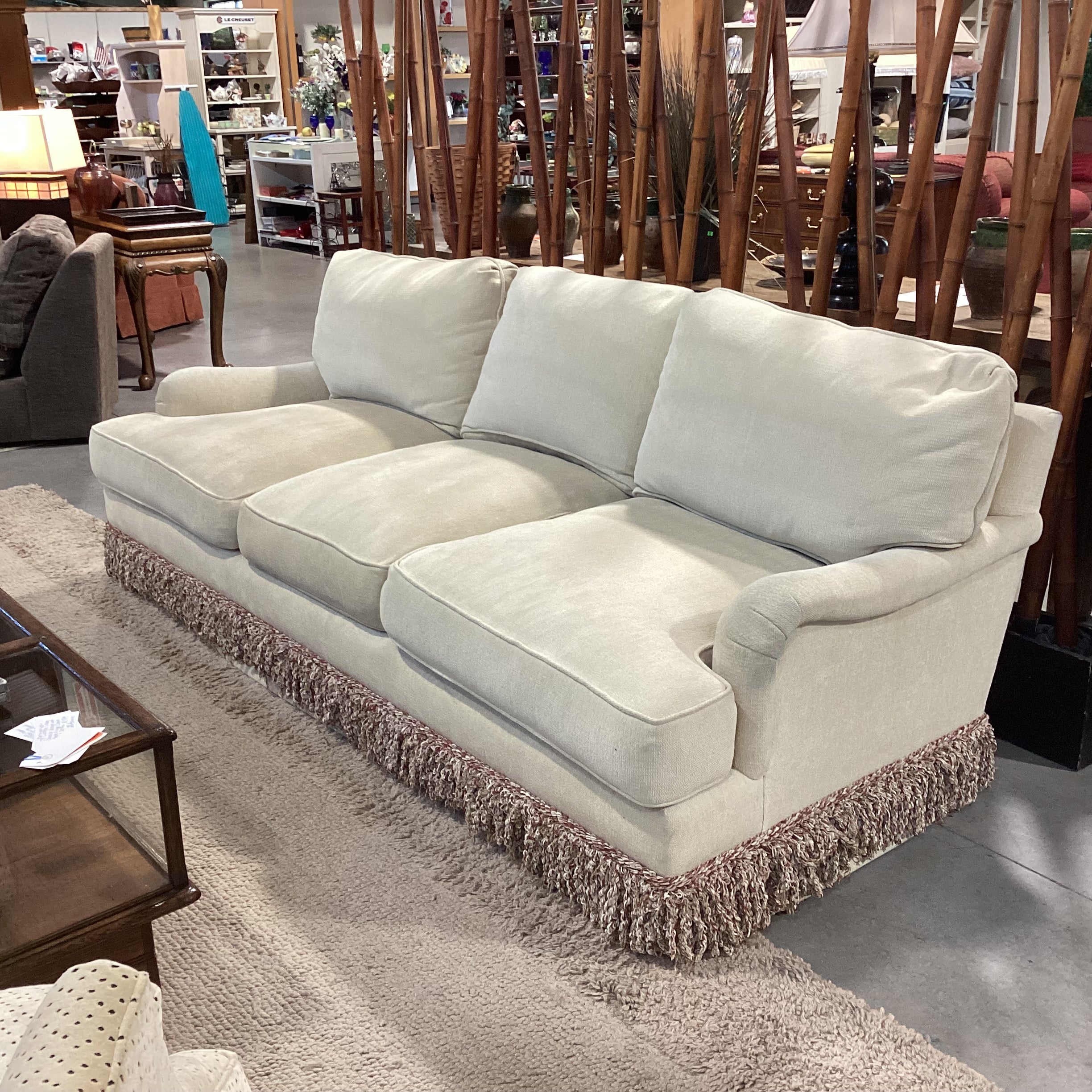 JJ Custom Cream Chenille Woven with Fringe Down Mix Sofa 96"x 42"x 31"