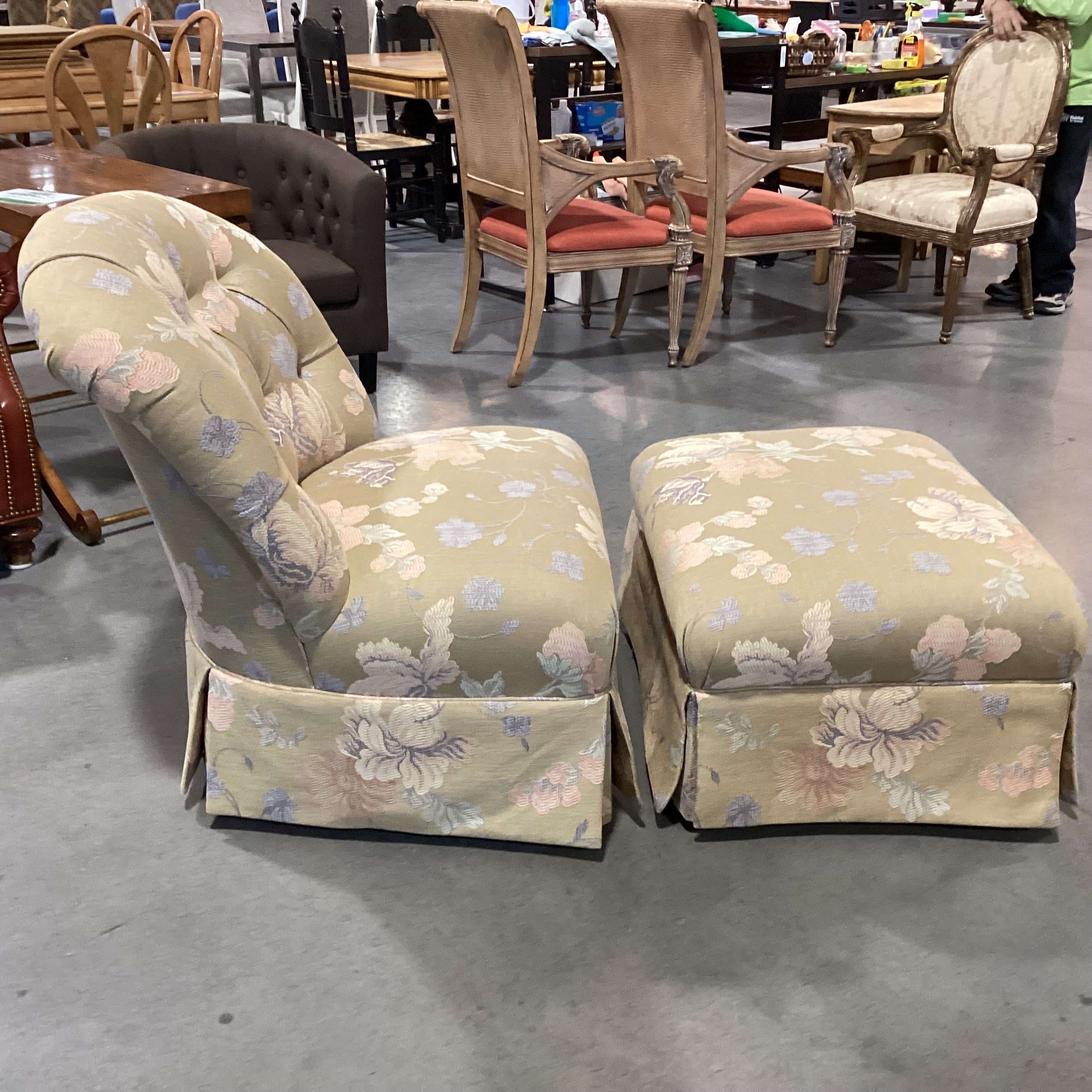 Custom Gold with Peach & Lavender Raised Stitch Floral Button Tufted with Ottoman Chair  31"x 34"x 35"